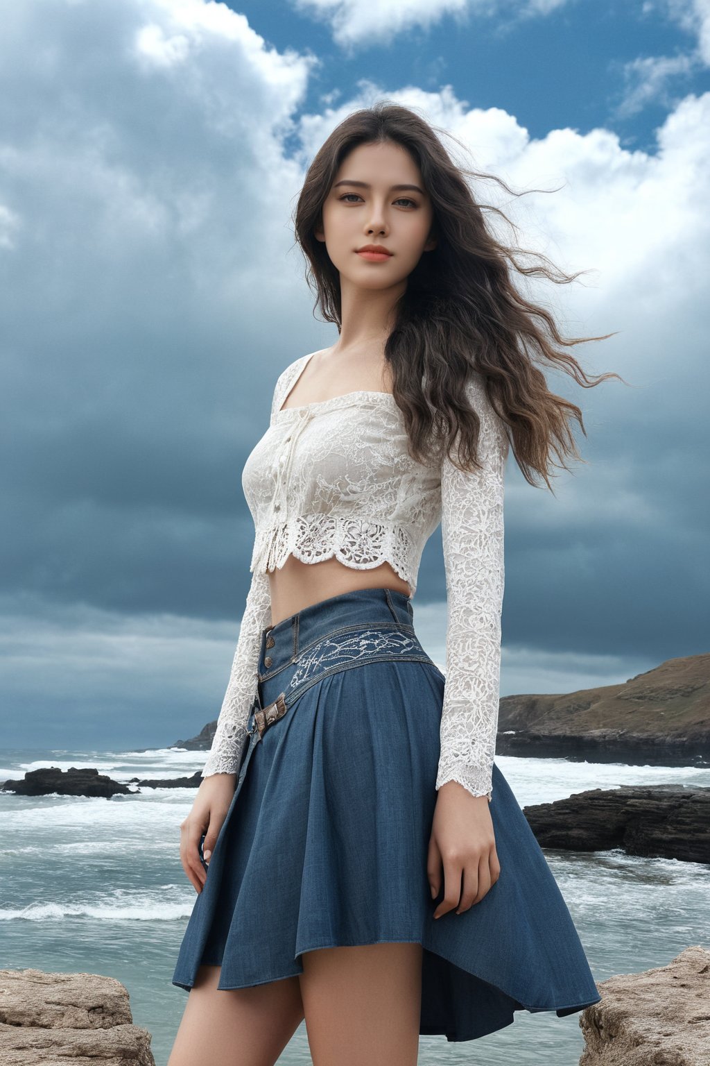 (ultra realistic,best quality),photorealistic,Extremely Realistic, in depth, cinematic light,hubgwomen,hubg_beauty_girl,

1girl,(long hair:1.4),outdoors,(front:1.3),(standing:1.3),seaside,cloudy sky,High-low skirt,(cowboy_shot:1.2),navelwavy hair, 

intricate background, realism,realistic,raw,analog,portrait,photorealistic,hubggirl