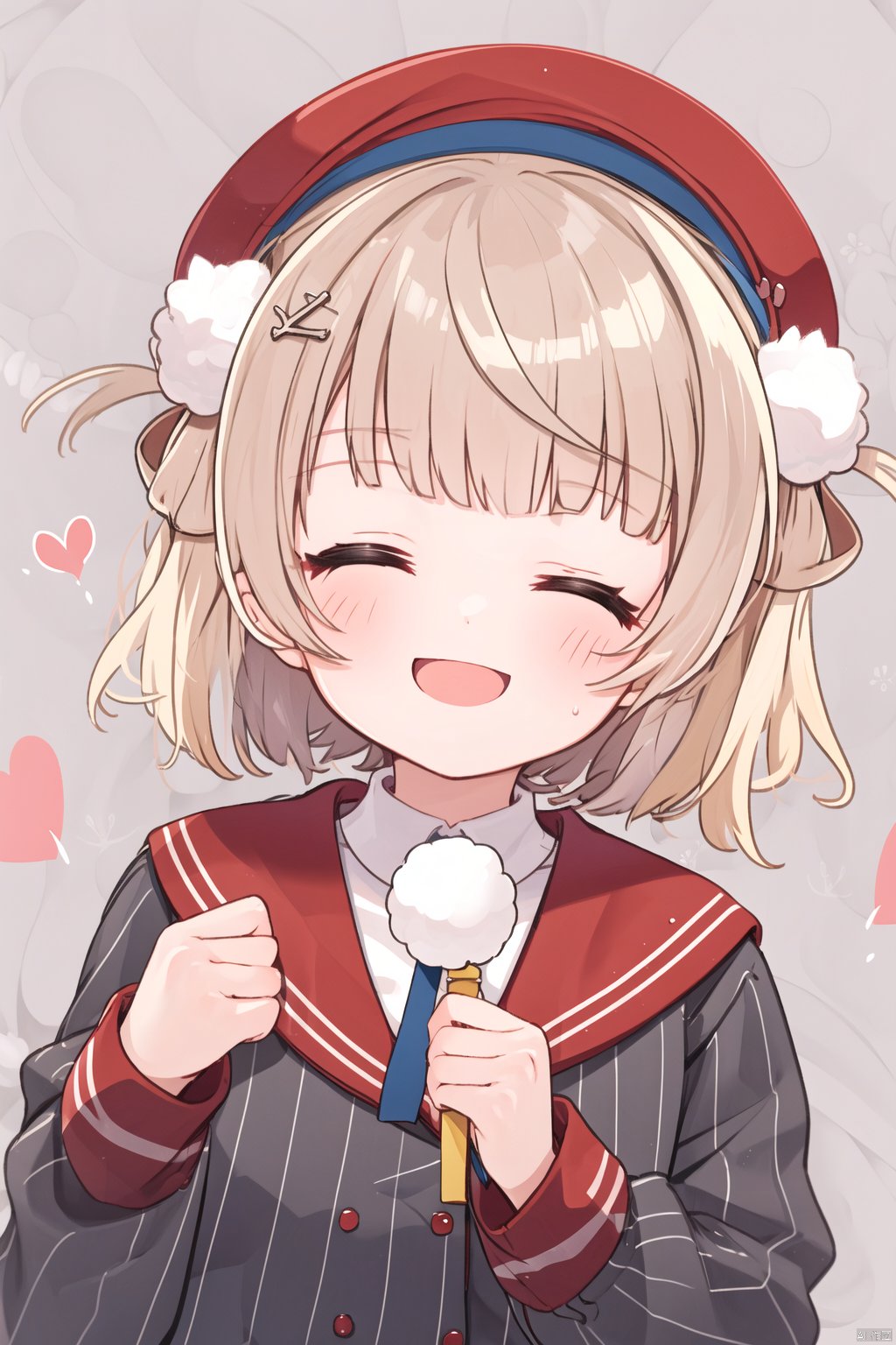 1girl, solo, blush, smile, short hair, open mouth, bangs, shirt, hair ornament, long sleeves, hat, jacket, closed eyes, white shirt, upper body, braid, heart, striped, virtual youtuber, sailor collar, beret, light brown hair, red headwear, facing viewer, pom pom \(clothes\), hair rings, red sailor collar, pom pom hair ornament