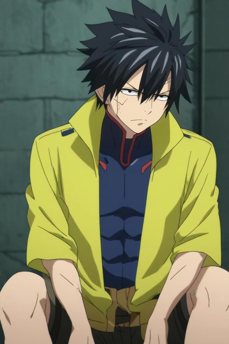 score_9, score_8_up, score_7_up, source_anime, anime screencap, , official style, , upper body, depth of field, 1boy, solo, male focus, <lora:gray_fullbuster_pony:0.86>, gray_fullbuster, black hair, black eyes, spiked hair, , , cyberpunk, Sitting with legs spread apart, appearing relaxed and confident, <lora:sdxl_lightning_8step_lora:1>