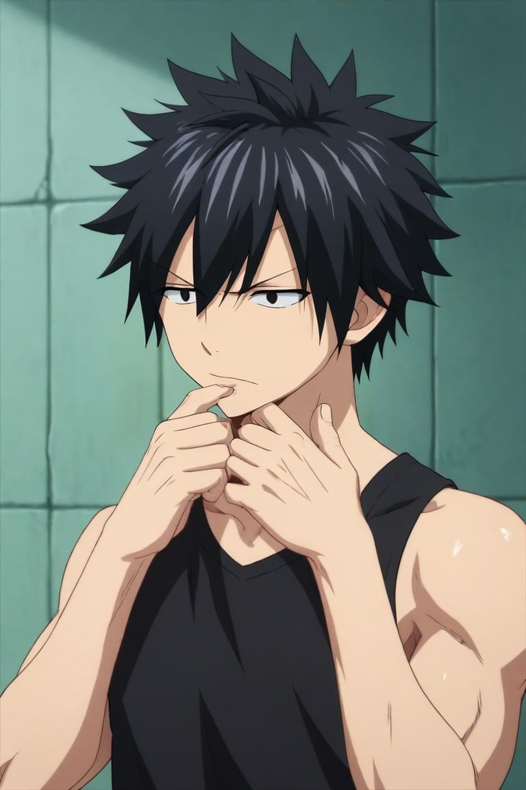 score_9, score_8_up, score_7_up, source_anime, (realistic:0.6), , upper body, depth of field, 1boy, solo, male focus, <lora:gray_fullbuster_pony:0.94>, gray_fullbuster, black hair, black eyes, spiked hair, , ,, , Hands on chin, deep in contemplation, <lora:sdxl_lightning_8step_lora:1>