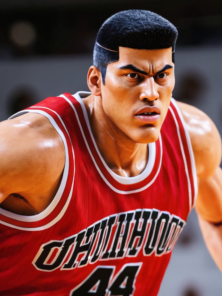 photo of takenor1akagi, serious, red basketball uniform, sweat, running, gymnasium, cowboy shot, motion blur, masterpiece, ultra high resolution, best quality, 1080p, photorealistic