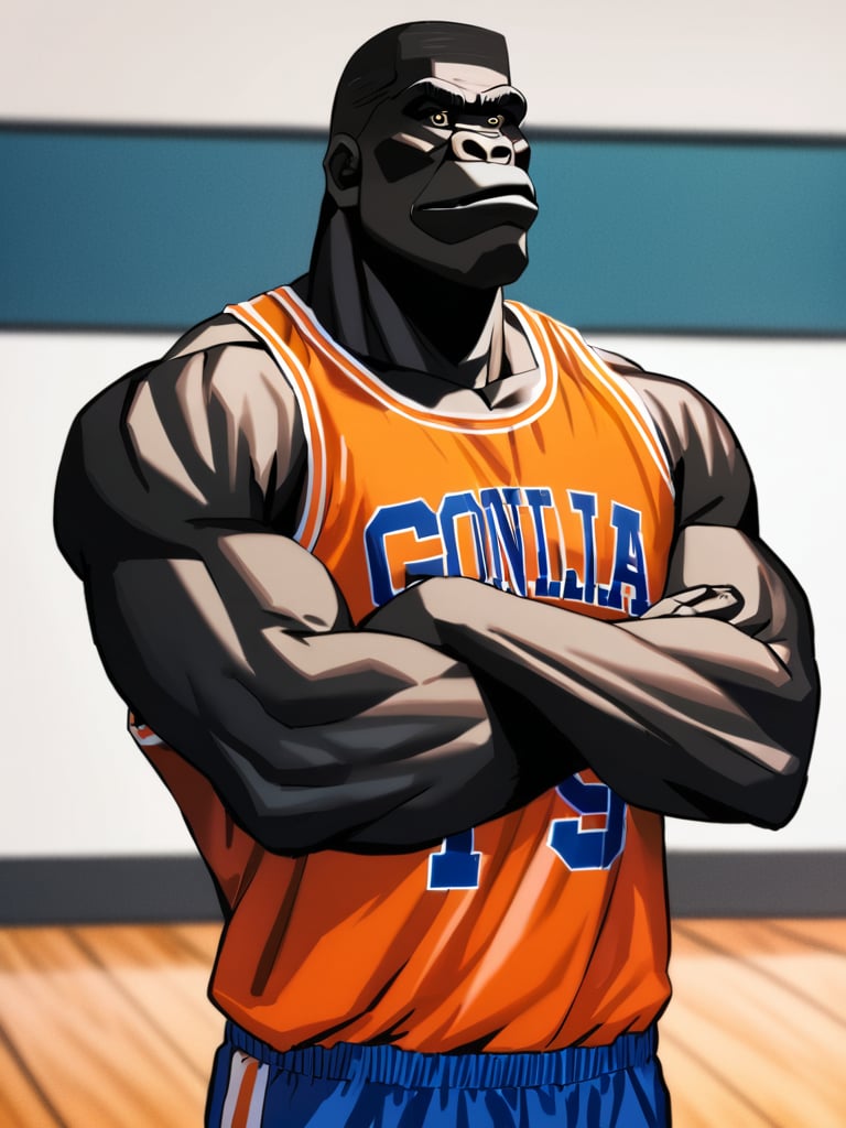 takenor1akagi, solo, 1boy, as a gorilla, orange shirt, blue warmup pants, standing, arms crossed, gymnasium, hardwood floor, cowboy shot, facing foward, masterpiece, ultra high resolution, best quality, 1080p