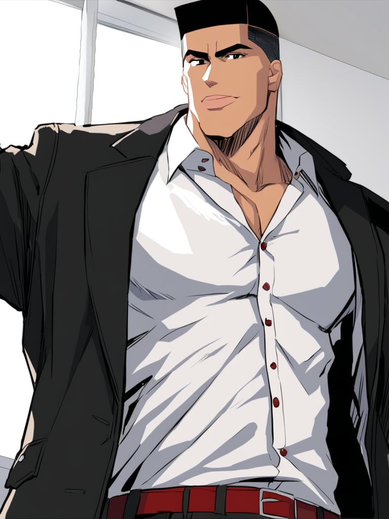 ((takenor1akagi)), 1boy, smile, white shirt, black jacket, leaning, classroom, cowboy shot, facing foward, masterpiece, ultra high resolution, best quality, 1080p