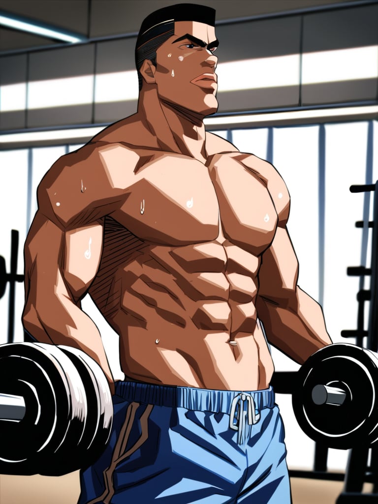 ((takenor1akagi)), 1boy, serious, sweat, no shirt, shorts, fitness center, holding weights, cowboy shot, facing foward, masterpiece, ultra high resolution, best quality, 1080p