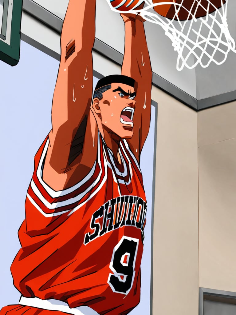 takenor1akagi, mouth opened, red basketball uniform, sweat, dunking a basketball, basketball hoop, basketball court, gymnasium, cowboy shot, motion blur, masterpiece, ultra high resolution, best quality, 1080p