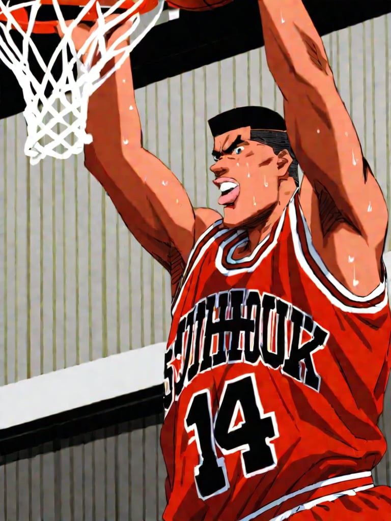 takenor1akagi, mouth opened, red basketball uniform, sweat, dunking a basketball, basketball hoop, basketball court, gymnasium, cowboy shot, motion blur, masterpiece, ultra high resolution, best quality, 1080p