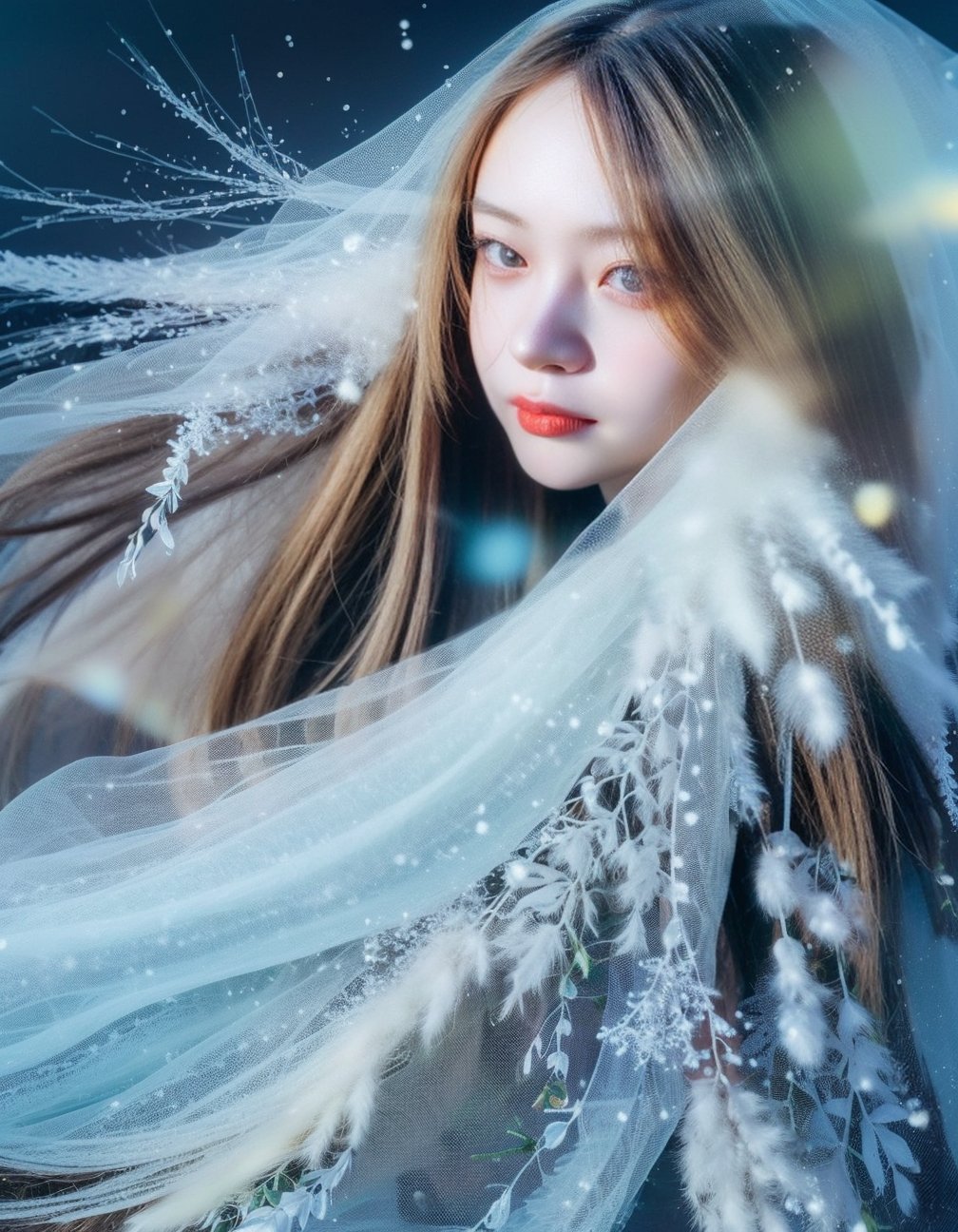 Illustrate a girl with the power of ice, featuring ice-white hair and clothing, set in a snowy landscape. Emphasize (((intricate details))), (((highest quality))), (((extreme detail quality))), and a (((captivating winter composition))). Use a palette of cool blues and whites, drawing inspiration from artists like Artgerm, Sakimichan, and Stanley Lau,midjourney