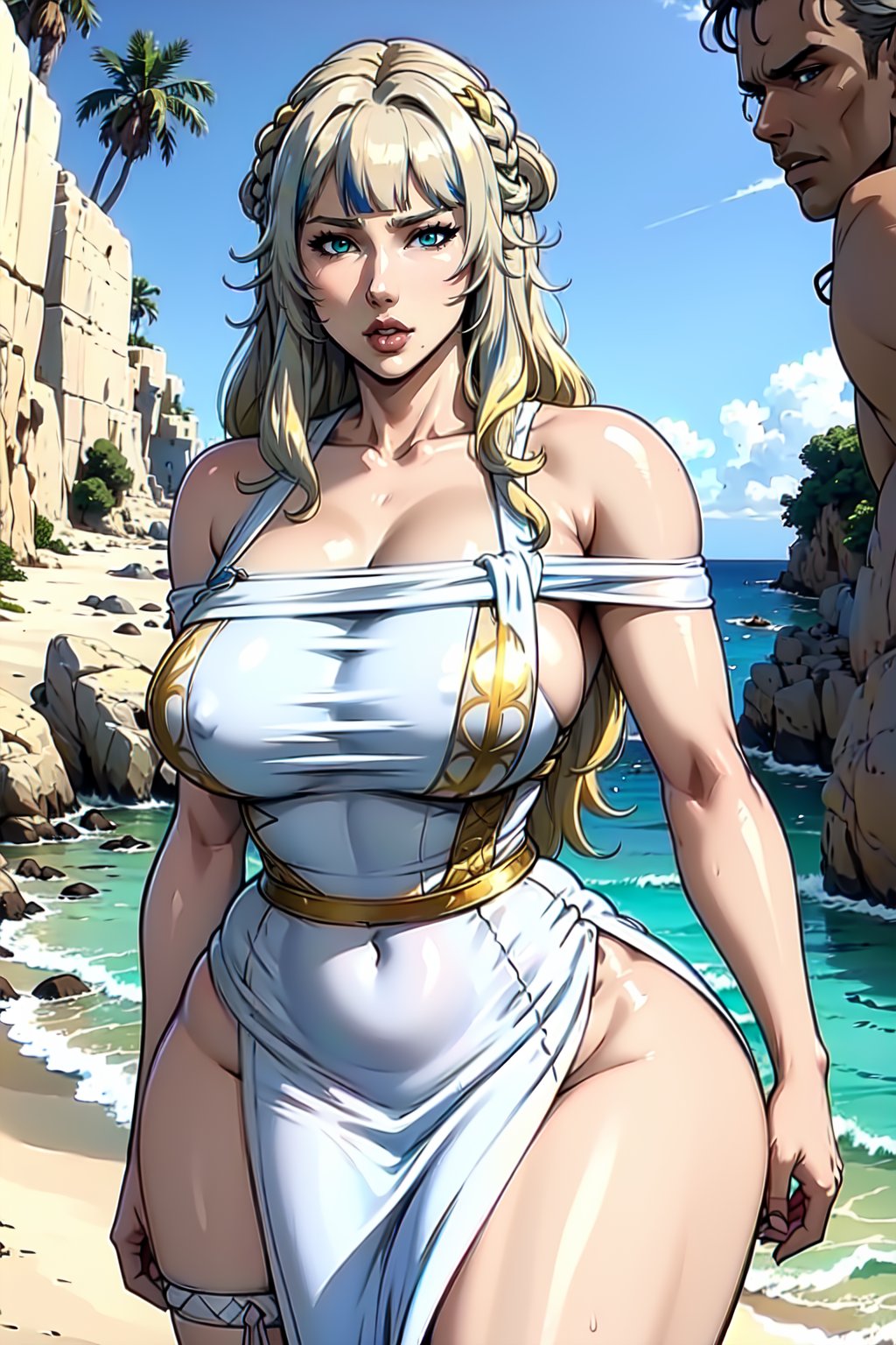 A sexy warrior woman in sexy traditional tribal white blue beige dress stands on the Cala Saladeta, Ibiza., Aoi Oohara, long blonde hair, green eyes, 1girl, Aoi Oohara