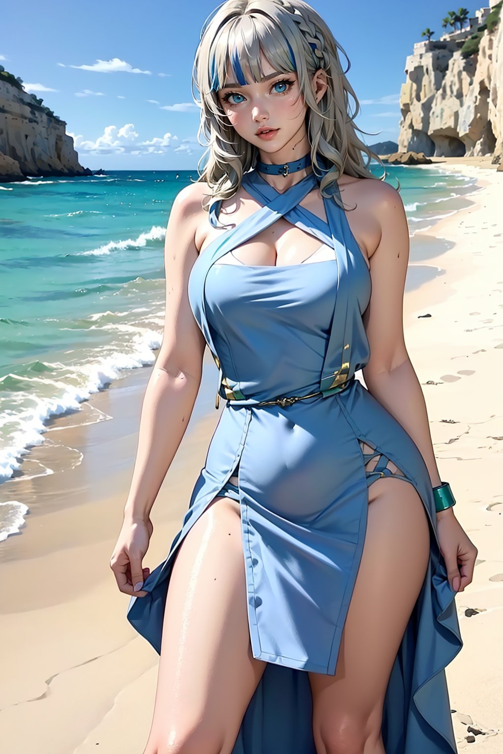 A sexy warrior woman in sexy traditional tribal white blue beige dress stands on the Cala Saladeta, Ibiza., Aoi Oohara, long blonde hair, green eyes, 1girl, Aoi Oohara