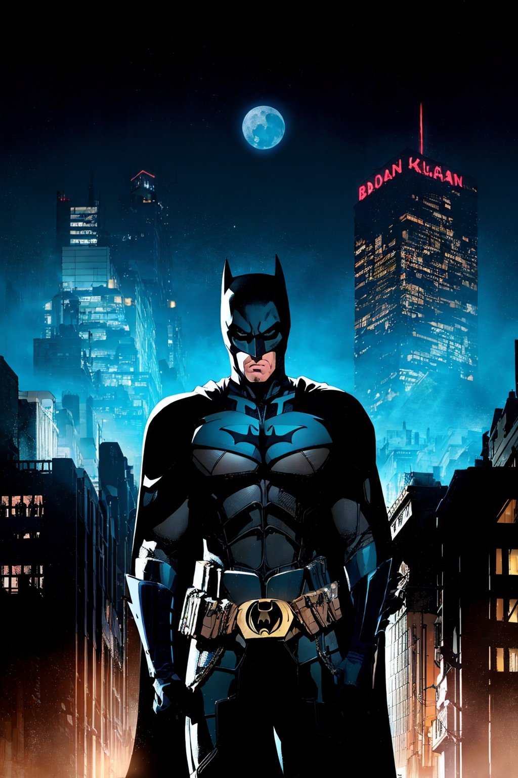(masterpiece), (best quality), 1boy, Batmancb, looking at viewer, mask, bodysuit, belt, cape, gloves, city, night, 4k, 8k, highres, detailed buildings, shining lights, neon signs, vibrant colors, evocative shadows, contrast, architecture details, moonlit sky