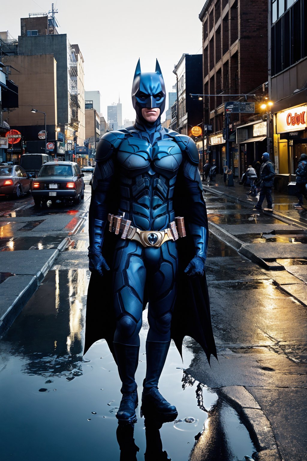 (masterpiece), (best quality), 1boy, Batmancb, looking at viewer, mask, bodysuit, belt, cape, gloves, realistic,Masterpiece, city, night, 4k, 8k, highres, detailed buildings, shining lights, neon signs, vibrant colors, evocative shadows, reflection in puddles, contrast, architecture details, moonlit sky, realistic textures, city lights reflecting on wet streets