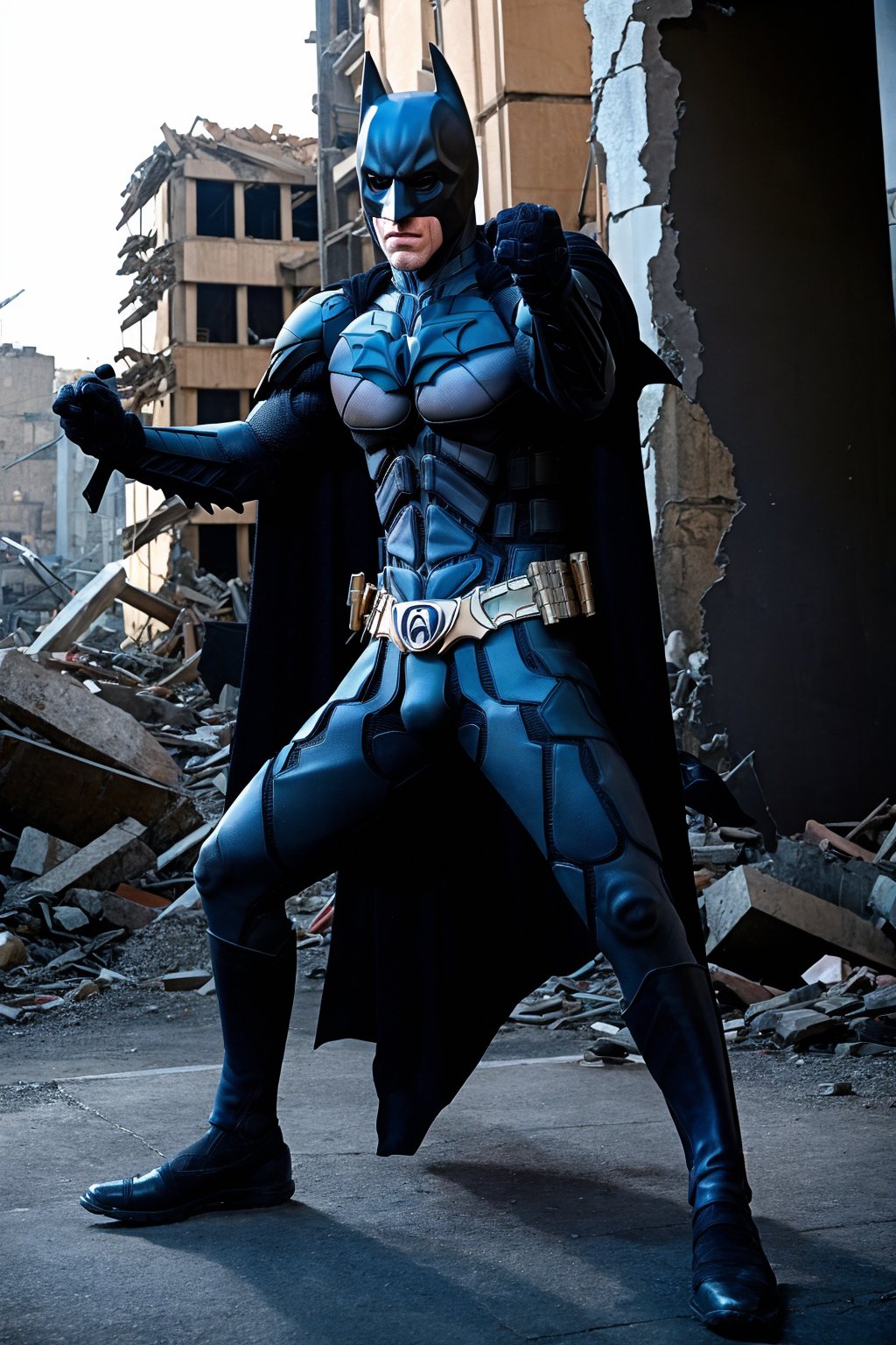 (masterpiece), (best quality), 1boy, Batmancb, looking at viewer, mask, bodysuit, belt, cape, gloves, battle stance, city in ruins, realistic,Masterpiece