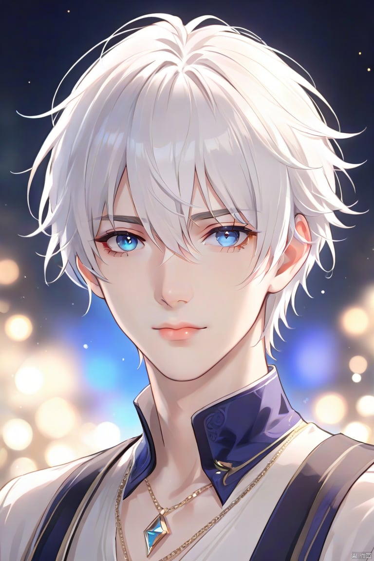  solo, looking at viewer, short hair, bangs, blue eyes, 1boy, hair between eyes, jewelry, closed mouth, upper body, white hair, male focus, necklace, blurry, lips, portrait, light particles, bishounen, xinyue