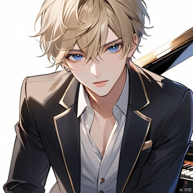 solo, looking at viewer, short hair, bangs, blue eyes, shirt, gold (color) hair, 1boy, hair between eyes, white shirt, upper body, male focus, parted lips, grey eyes, bishounen, piano