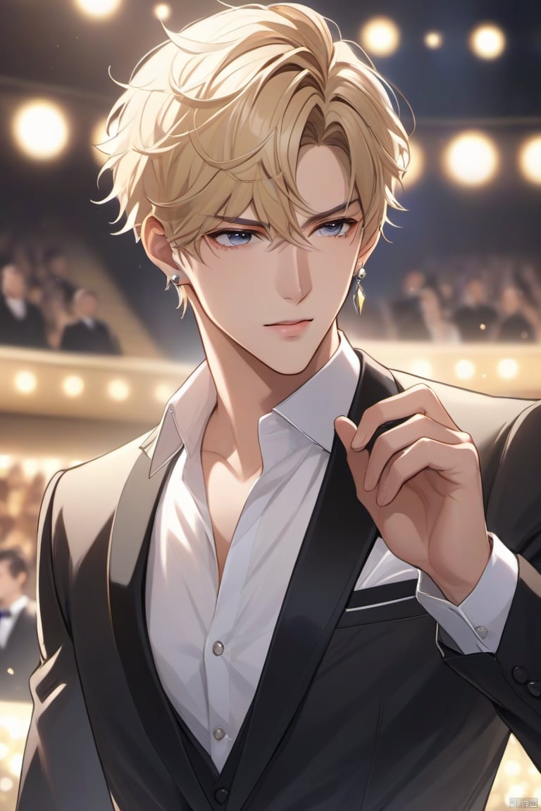 single, looking at audience, short hair, blonde eyes, blonde hair, shirt, long sleeve, 1boy, jewelry, shut up, white shirt, upper body, male focus, earrings, black jacket, formal, , xinyue