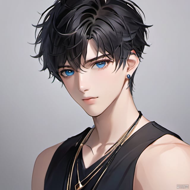 solo, looking at viewer, short hair, bangs, blue eyes, shirt, black hair, 1boy, bare shoulders, jewelry, closed mouth, upper body, male focus, earrings, sleeveless, grey background, necklace, gradient, black shirt, gradient background, sleeveless shirt, portrait,white hair