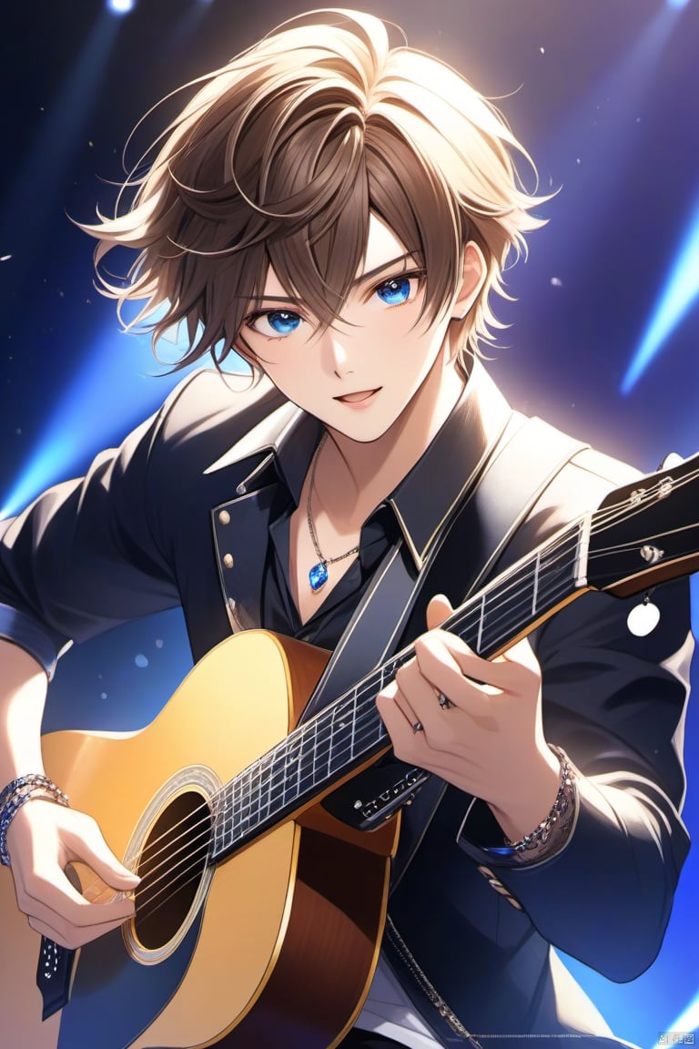 Idol boy, handsome guy, vitality, lively, energetic, short hair, stage, lights, gorgeous, action full of energy, high quality, masterpiece, jewel-like eyes, eyes sparkling, playing guitar, flowing hair, light, dynamic action ,