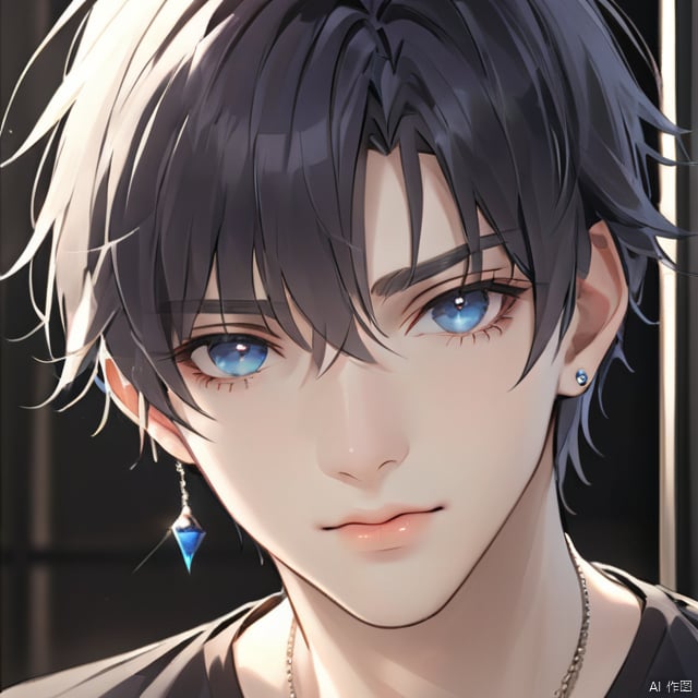 solo, looking at viewer, short hair, bangs, blue eyes, 1boy, jewelry, closed mouth, male focus, earrings, necklace, lips, black shirt, portrait, blinds