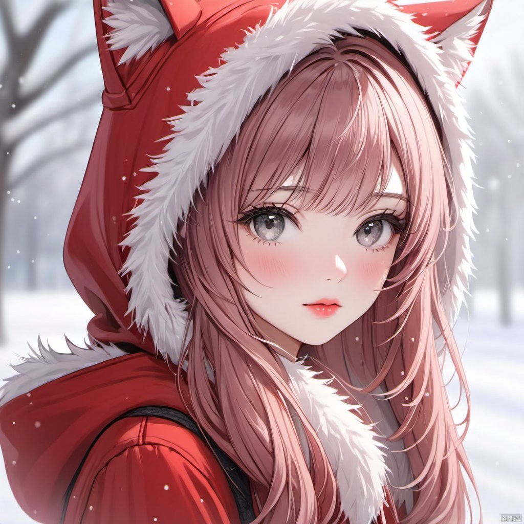 1girl, solo, long hair, looking at viewer, blush, bangs, brown hair, animal ears, closed mouth, upper body, pink hair, outdoors, day, hood, blurry, tree, lips, grey eyes, fur trim, eyelashes, blurry background, portrait, snow, close-up, hood up, snowing, winter, red hood