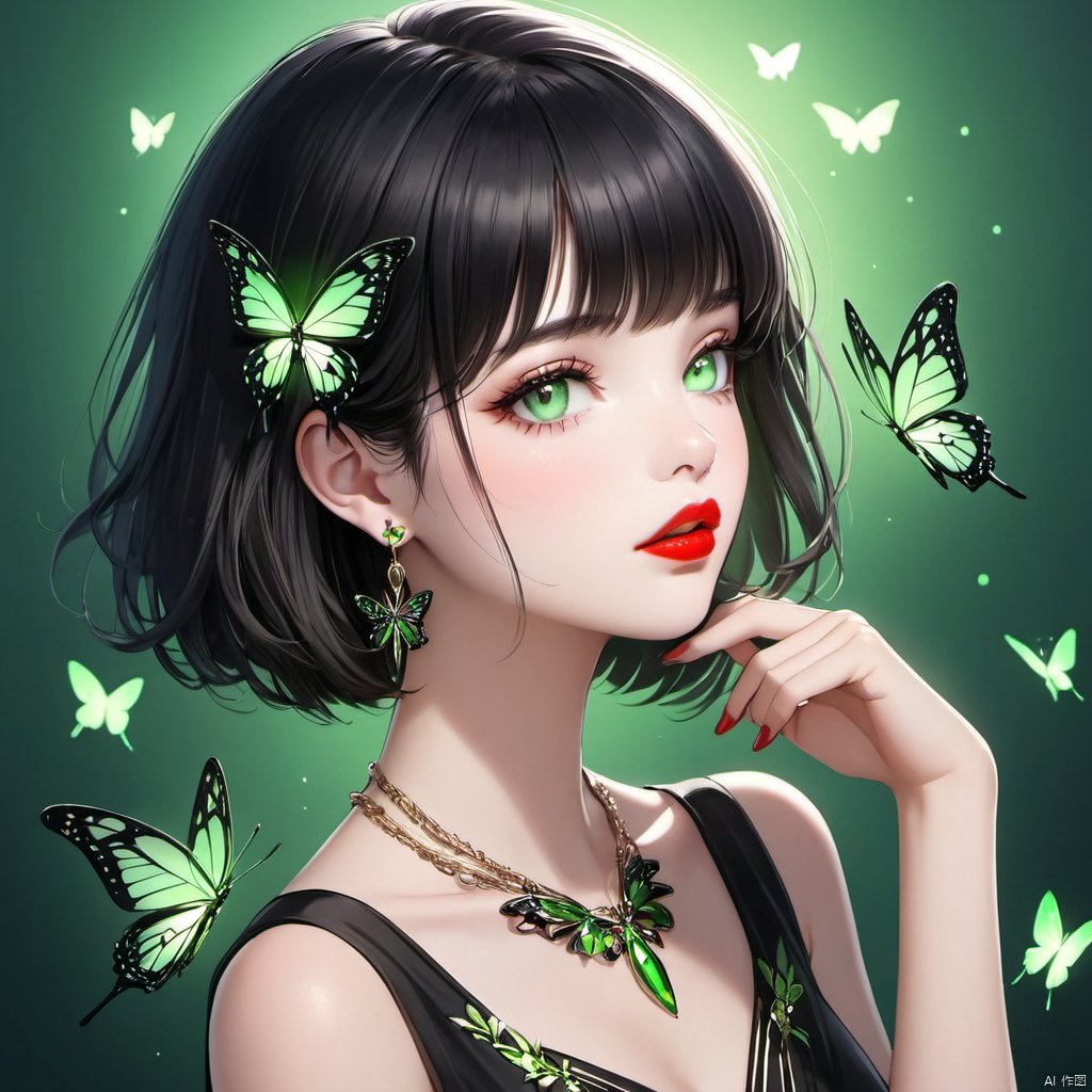 1girl, solo, looking at viewer, short hair, bangs, black hair, dress, jewelry, closed mouth, green eyes, upper body, earrings, necklace, black dress, from side, lips, eyelashes, makeup, glowing, bug, lipstick, butterfly, green background, red lips, xinyue