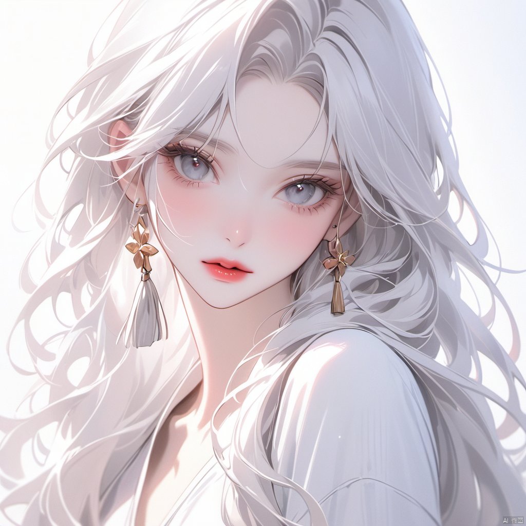 1girl, solo, long hair, looking at viewer, shirt, jewelry, white shirt, upper body, white hair, earrings, parted lips, lips, grey eyes, eyelashes, tassel, tassel earrings