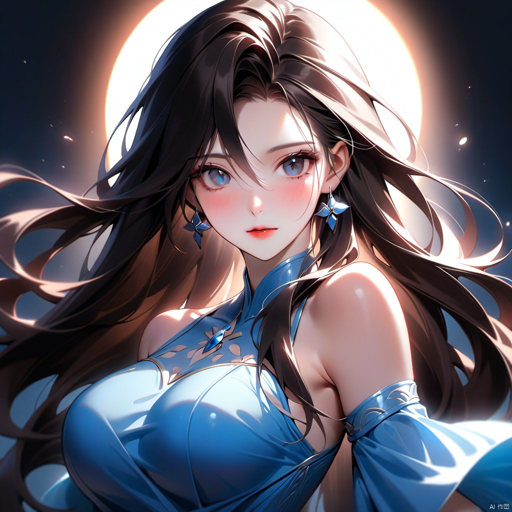 1girl, solo, long hair, breasts, looking at viewer, brown hair, black hair, dress, bare shoulders, closed mouth, upper body, detached sleeves, shiny, shiny hair, lips, floating hair, blue dress