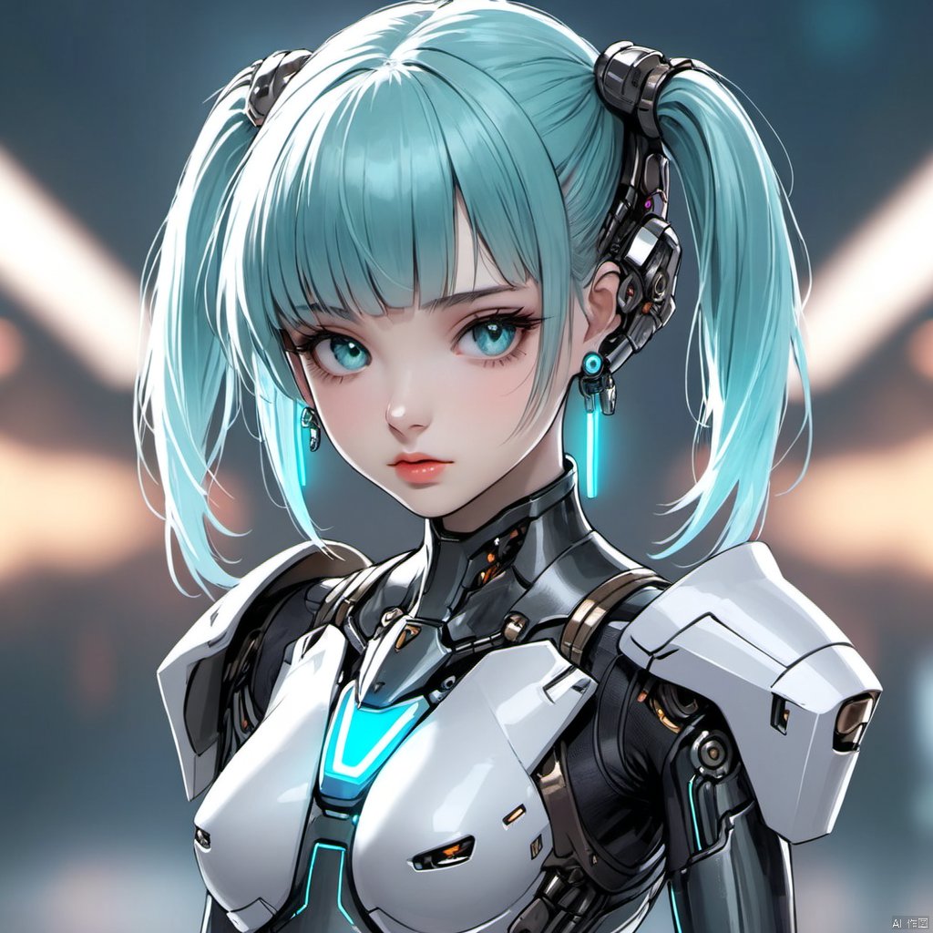 1girl, solo, breasts, looking at viewer, short hair, bangs, twintails, jewelry, closed mouth, upper body, sidelocks, earrings, small breasts, blunt bangs, armor, blurry, aqua eyes, lips, aqua hair, bodysuit, blurry background, headgear, science fiction, cyborg, cyberpunk