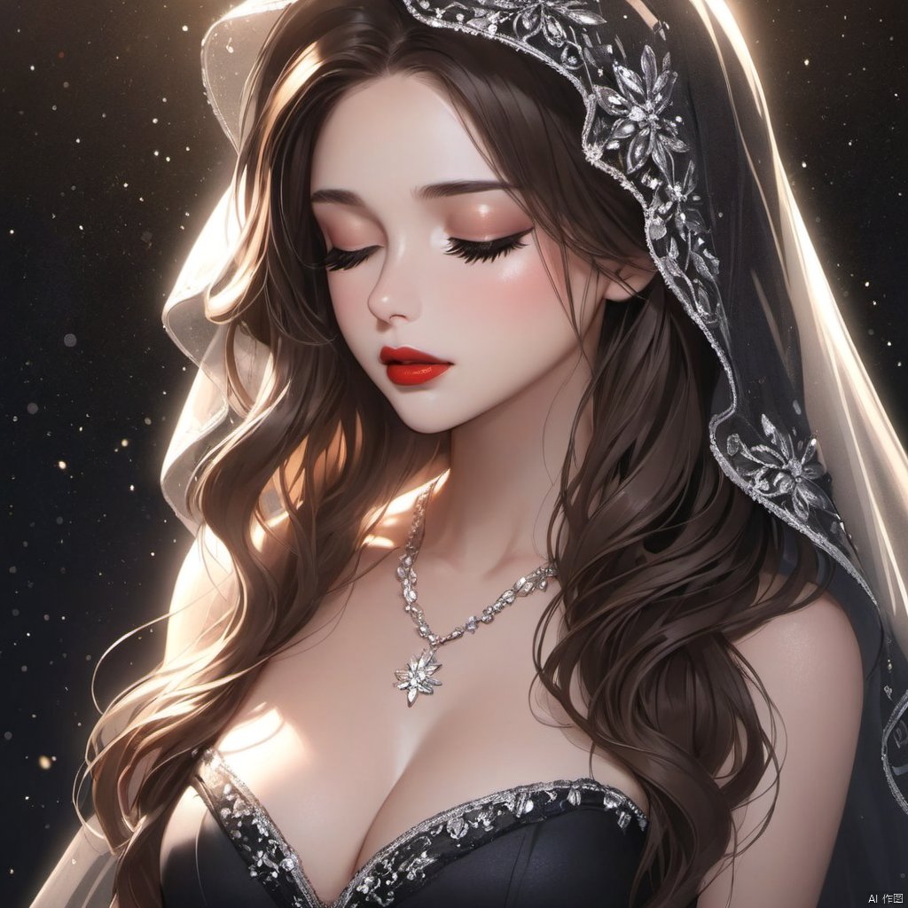 1girl, solo, long hair, breasts, brown hair, black hair, dress, cleavage, jewelry, medium breasts, closed mouth, closed eyes, upper body, hood, necklace, black dress, lips, eyelashes, makeup, veil, light particles, red lips