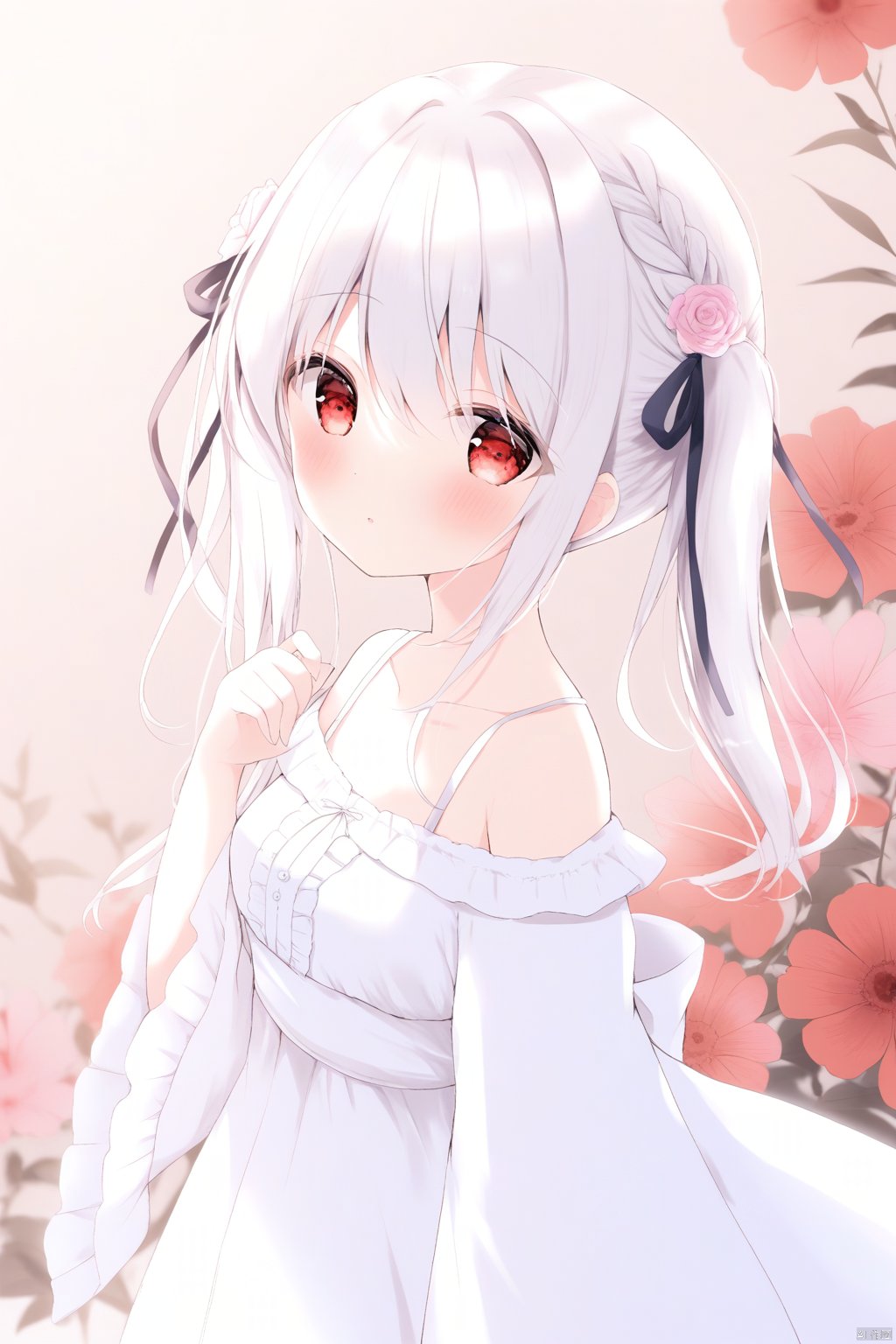  amedamacon, 1girl, loli,wide sleeves, white dress, frilled dress, red eyes, white hair, twintails, lace, lolita fashion,
 long hair, bare shoulders, medium breasts
, from side, looking at viewer,
hair ribbon,braid, collarbone,  hair flower,  depth of field, floral background,
masterpiece, best quality, 