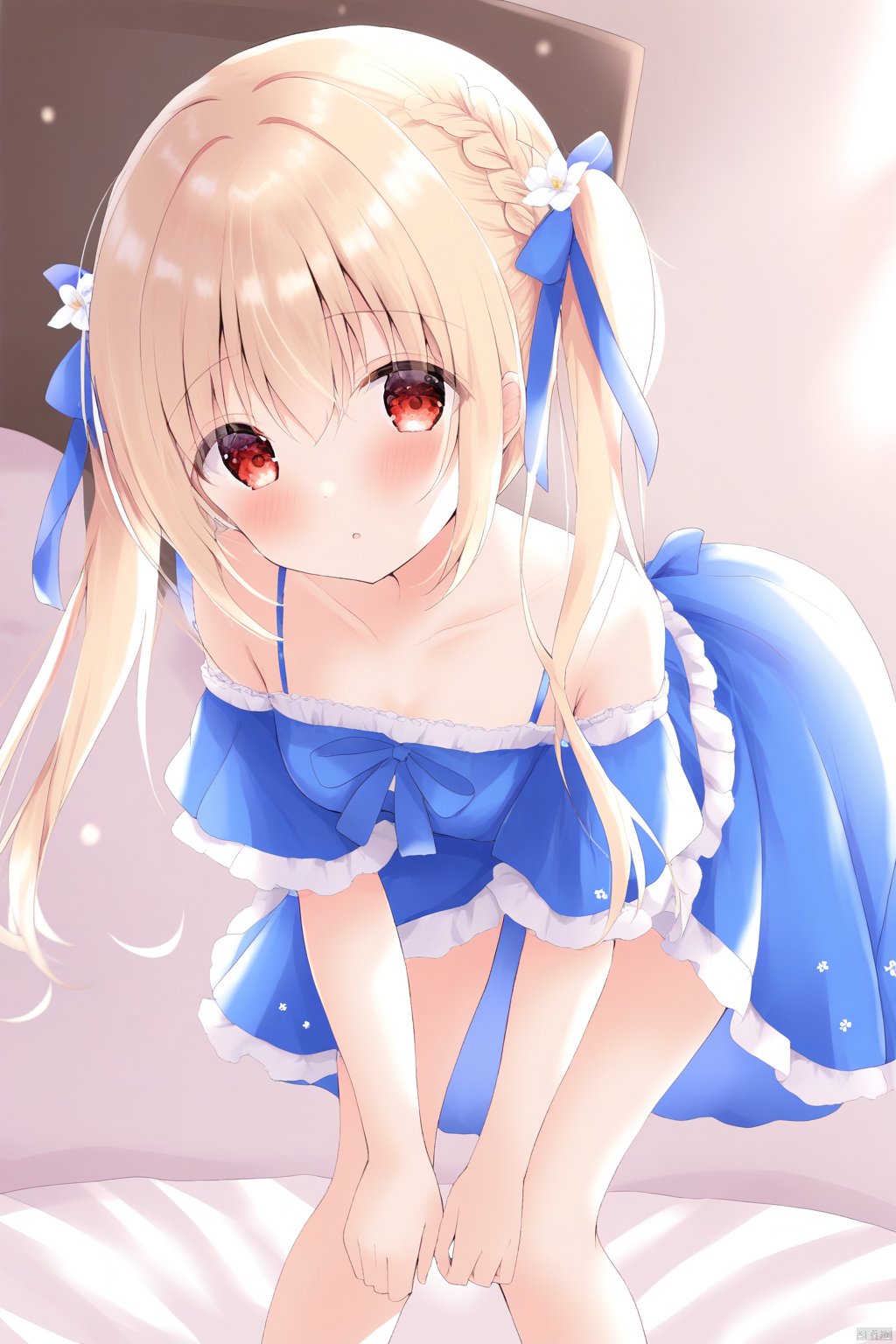  amedamacon, 1girl, loli,wide sleeves, blue dress, frilled dress, red eyes, blonde hair, twintails,
 long hair, bare shoulders,  breasts, 
,bent over, looking at viewer, shamed, blush, downblouse,
hair ribbon,braid, collarbone,  hair flower,  depth of field, floral background,
masterpiece, best quality, , doll