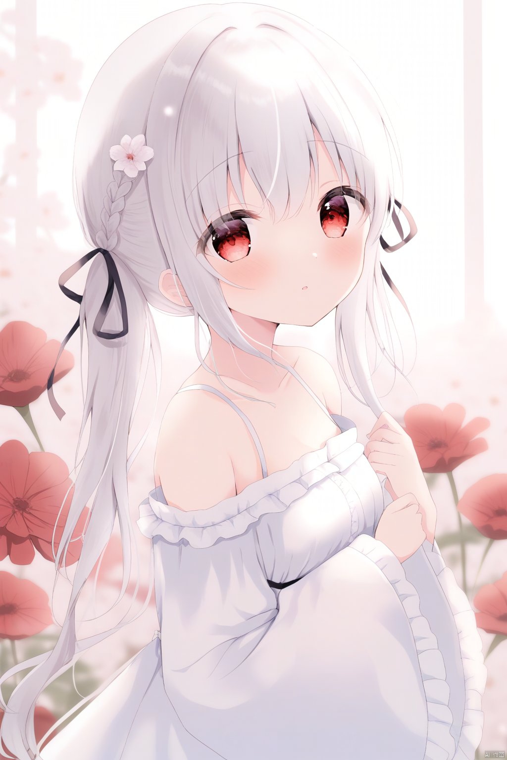  amedamacon, 1girl, loli,wide sleeves, white dress, frilled dress, red eyes, white hair, twintails,
 long hair, bare shoulders, medium breasts
, from side, looking at viewer,
hair ribbon,braid, collarbone,  hair flower,  depth of field, floral background,
masterpiece, best quality, 