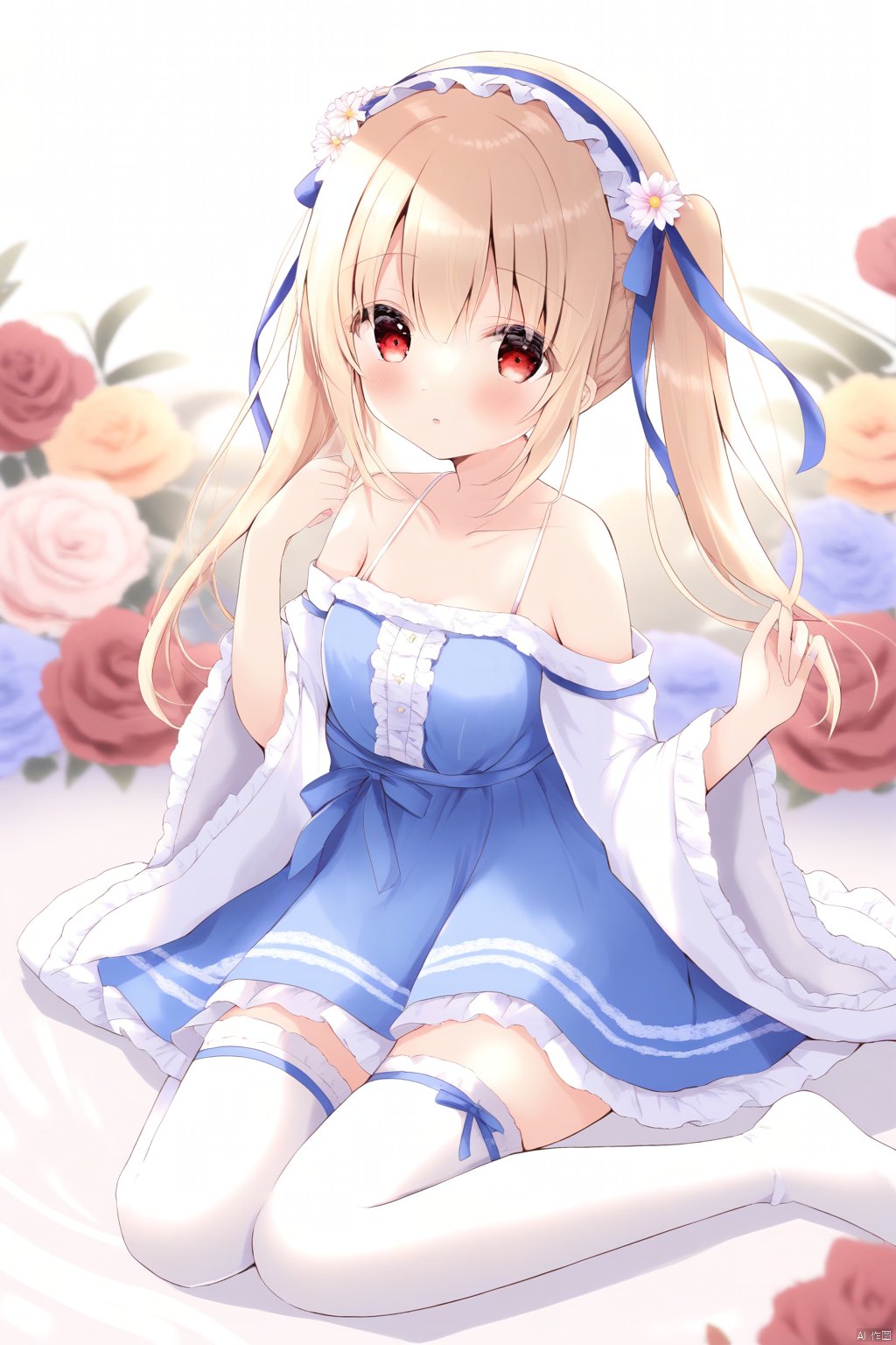  amedamacon, 1girl, loli,wide sleeves, blue dress, frilled dress, red eyes, blonde hair, twintails,
 long hair, bare shoulders, medium breasts
,wariza, looking at viewer, frilled thighhighs, white thighhighs,
hair ribbon,braid, collarbone,  hair flower,  depth of field, floral background,
masterpiece, best quality, 