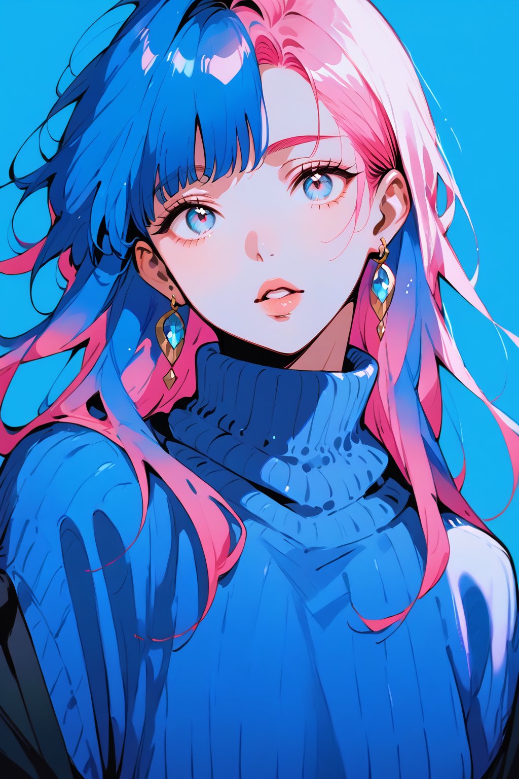 score_9,score_8_up,score_7_up, 1girl,long hair,looking at viewer,bangs,blue eyes,jewelry,blue hair,upper body,multicolored hair,earrings,parted lips,sweater,lips,gradient hair,blue background,blue sweater