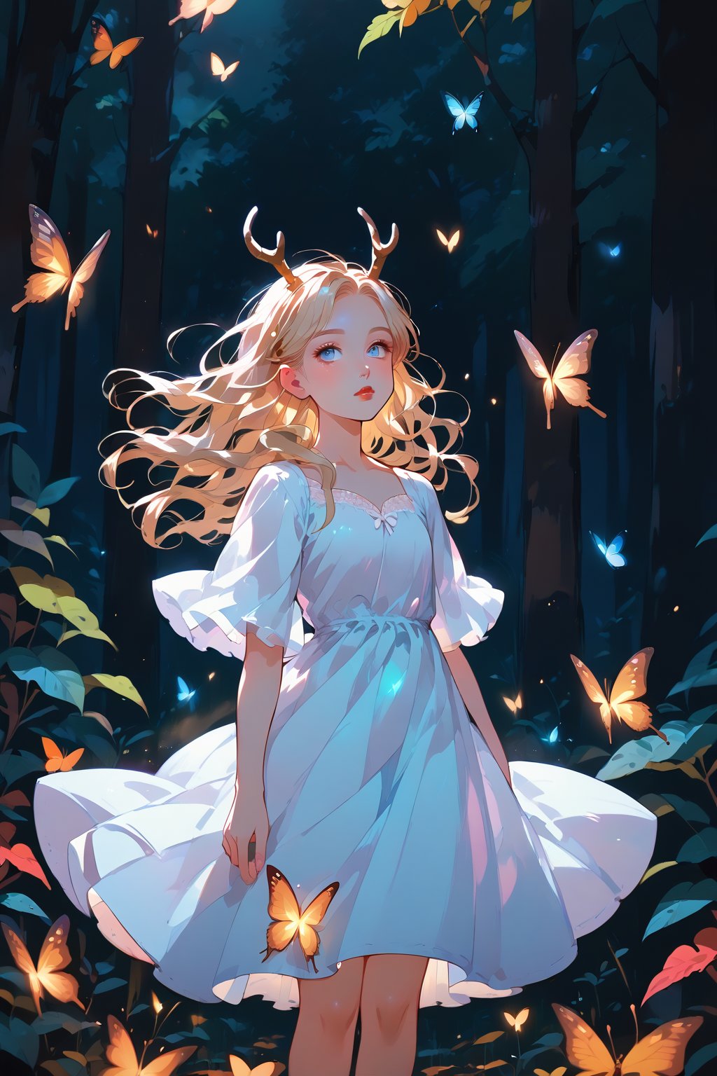 score_9,score_8_up,score_7_up, score_9,score_8_up,score_7_up, 1girl,long hair,looking at viewer,blue eyes,blonde hair,long sleeves,dress,closed mouth,standing,outdoors,horns,puffy sleeves,white dress,from side,tree,lips,looking to the side,night,feet out of frame,blue dress,glowing,leaf,wavy hair,bug,plant,butterfly,nature,forest,antennae,arms at sides,red lips,antlers,yellow butterfly