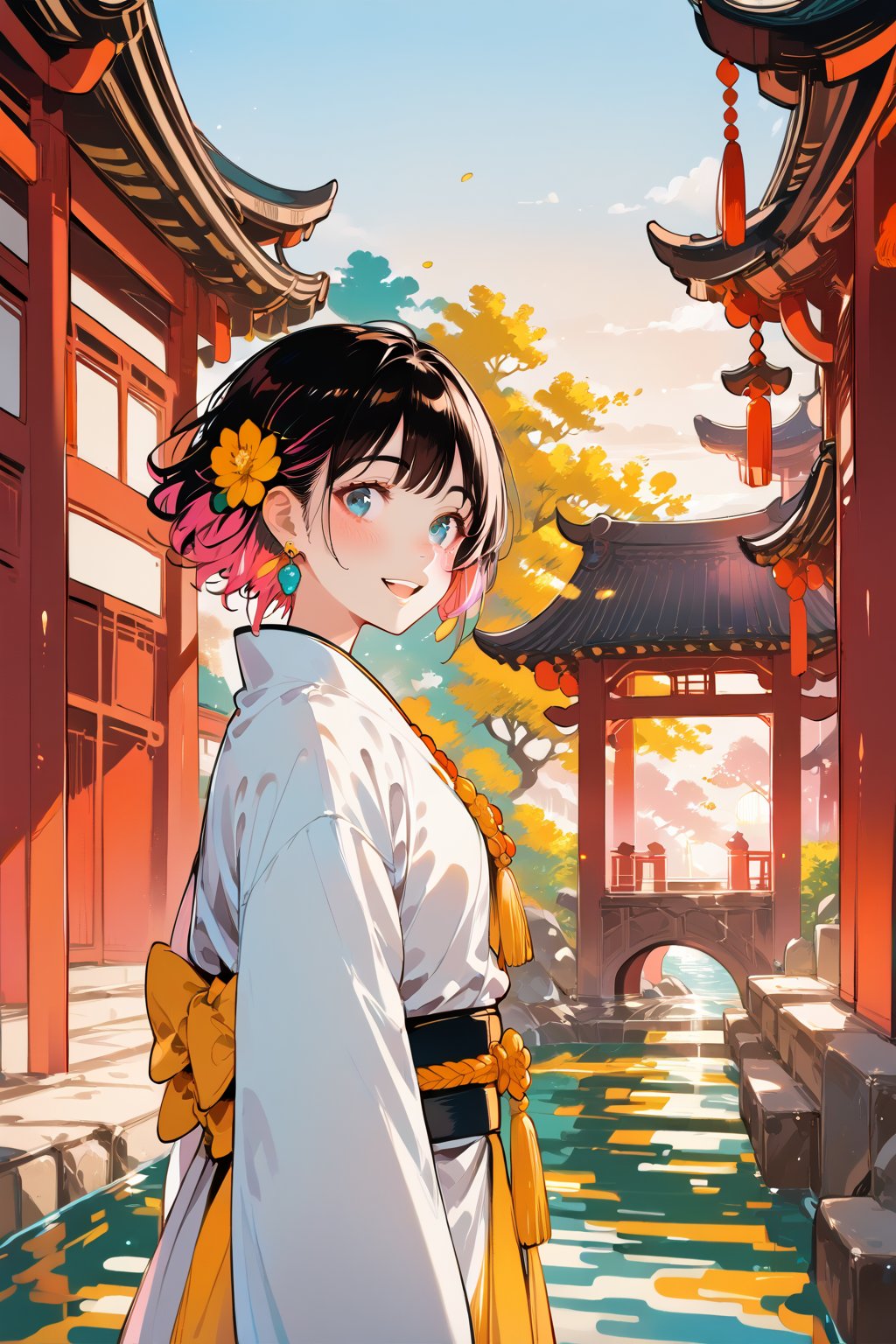 score_9,score_8_up,score_7_up, 1girl,looking at viewer,blush,smile,short hair,open mouth,bangs,blue eyes,black hair,hair ornament,long sleeves,ribbon,jewelry,standing,flower,multicolored hair,cowboy shot,earrings,outdoors,parted lips,japanese clothes,sky,teeth,hair flower,water,from side,two-tone hair,lips,looking to the side,sash,tassel,sunset,yellow flower,architecture,east asian architecture