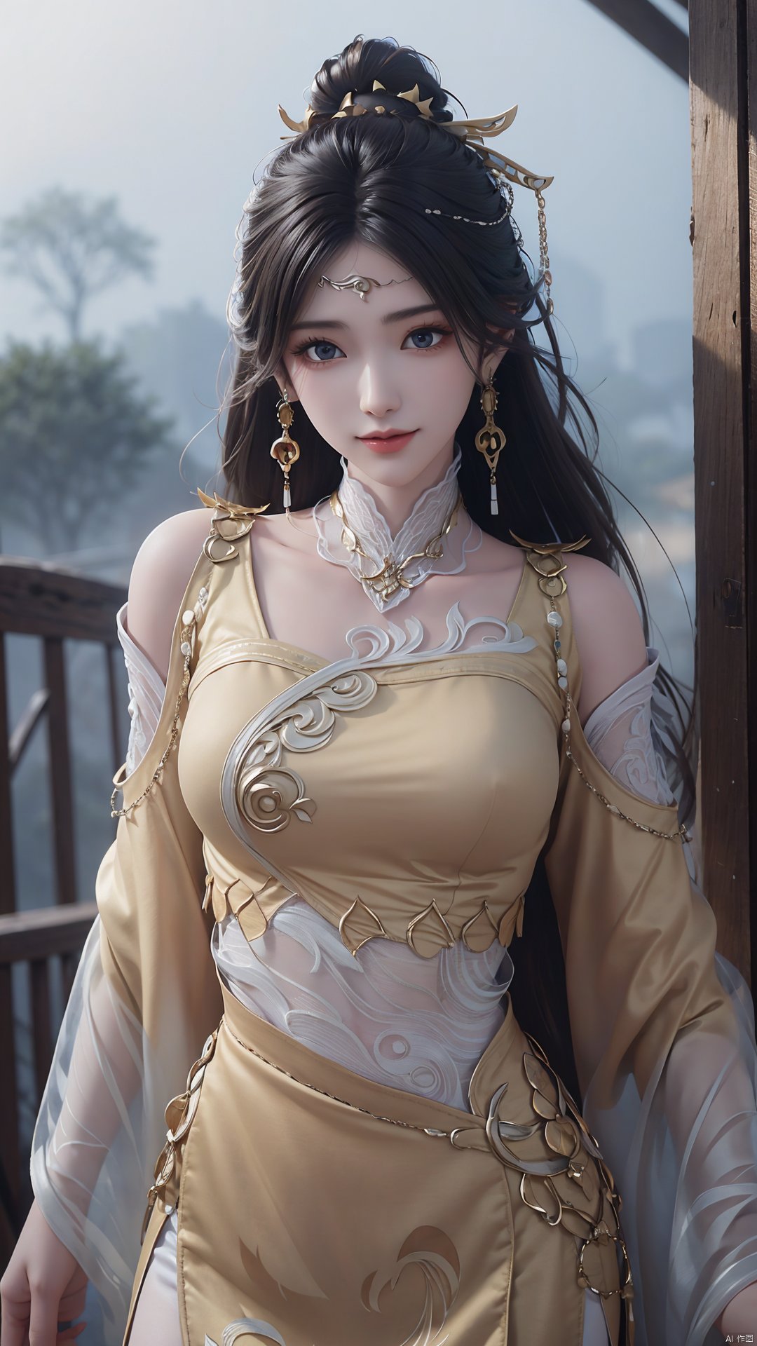 1girl, solo, black hair, earrings, jewelry, hair ornament, long hair, dress, chinese clothes, realistic, mischevious smile, perfect body, scenery, sharp focus, best quality, masterpiece, detailed outfit, illustration, perfect eyes, finely detailed beautiful anime eyes, realistic skin, intricate details, best lighting, depth of field, ultra high resolution,cowboy_shot, dynamic pose, dynamic angle,