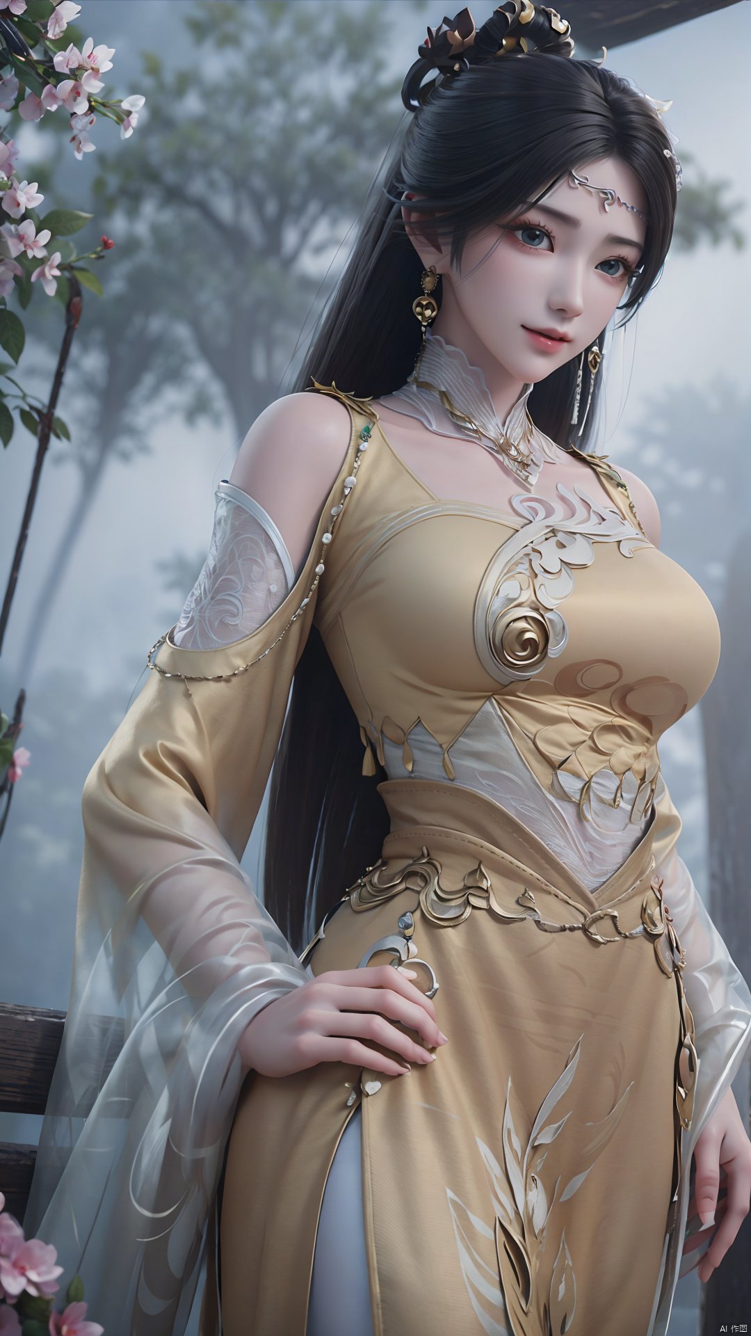 1girl, solo, black hair, earrings, jewelry, hair ornament, long hair, dress, chinese clothes, realistic, mischevious smile, perfect body, scenery, sharp focus, best quality, masterpiece, detailed outfit, illustration, perfect eyes, finely detailed beautiful anime eyes, realistic skin, intricate details, best lighting, depth of field, ultra high resolution,cowboy_shot, dynamic pose, dynamic angle,