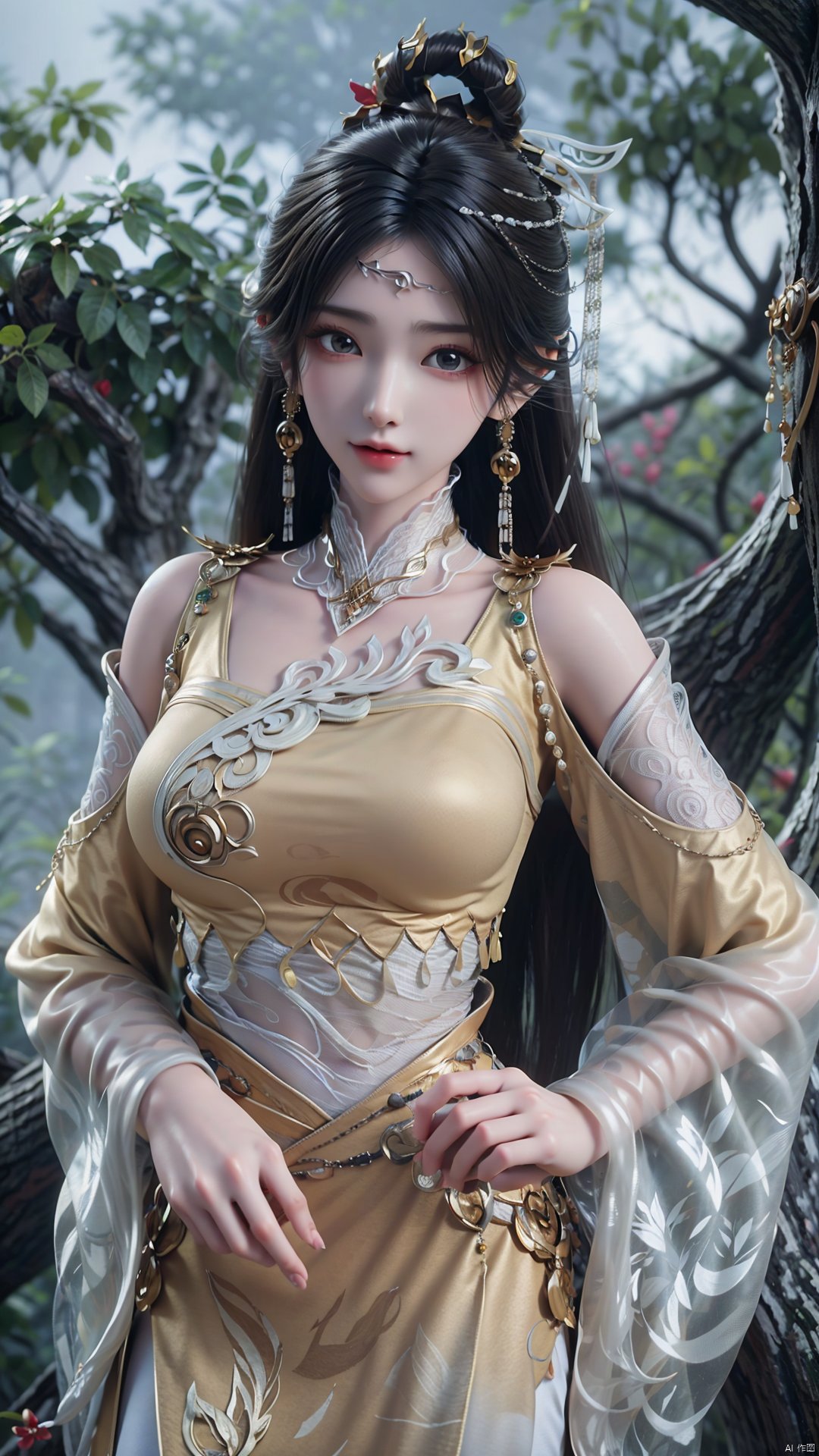 1girl, solo, black hair, earrings, jewelry, hair ornament, long hair, dress, chinese clothes, realistic, mischevious smile, perfect body, scenery, sharp focus, best quality, masterpiece, detailed outfit, illustration, perfect eyes, finely detailed beautiful anime eyes, realistic skin, intricate details, best lighting, depth of field, ultra high resolution,cowboy_shot, dynamic pose, dynamic angle,