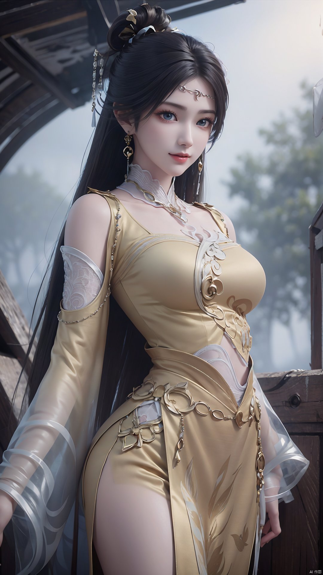 1girl, solo, black hair, earrings, jewelry, hair ornament, long hair, dress, chinese clothes, realistic, mischevious smile, perfect body, scenery, sharp focus, best quality, masterpiece, detailed outfit, illustration, perfect eyes, finely detailed beautiful anime eyes, realistic skin, intricate details, best lighting, depth of field, ultra high resolution,cowboy_shot, dynamic pose, dynamic angle,