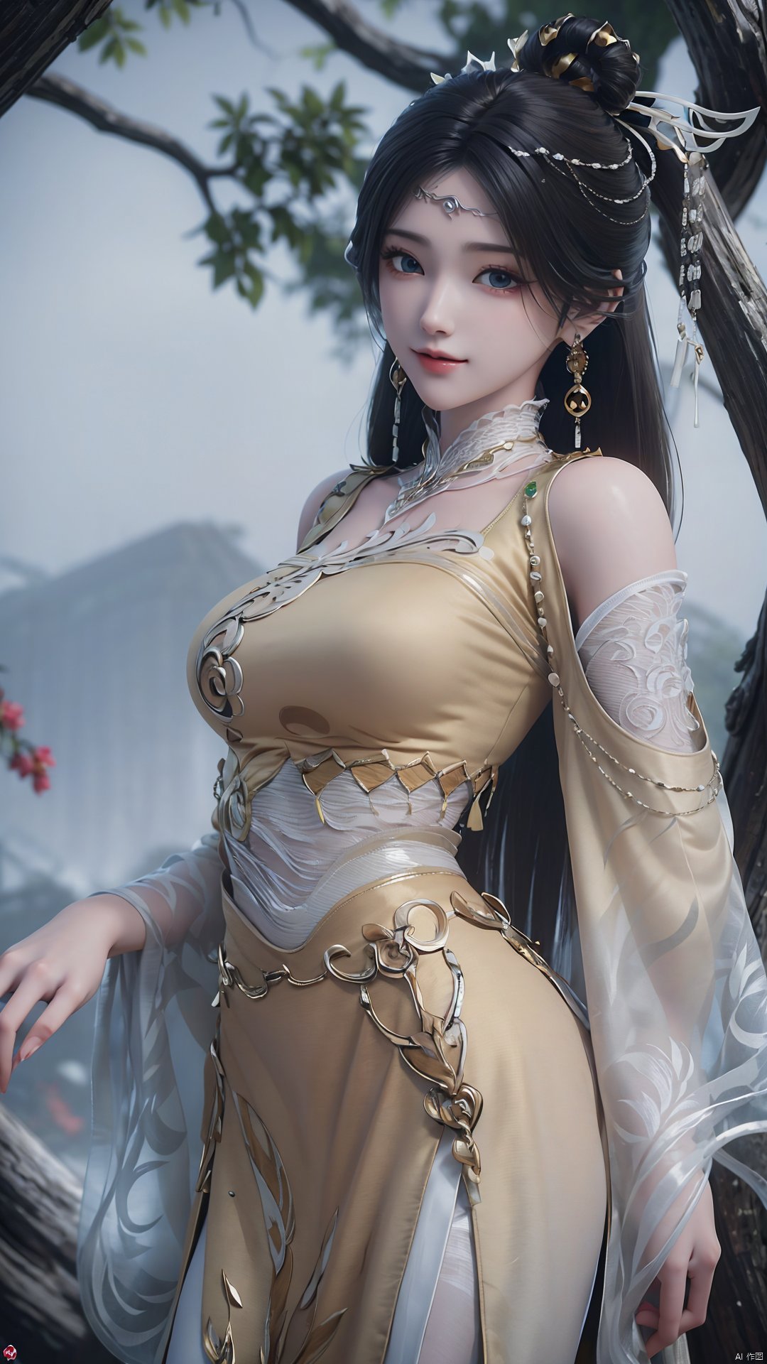 1girl, solo, black hair, earrings, jewelry, hair ornament, long hair, dress, chinese clothes, realistic, mischevious smile, perfect body, scenery, sharp focus, best quality, masterpiece, detailed outfit, illustration, perfect eyes, finely detailed beautiful anime eyes, realistic skin, intricate details, best lighting, depth of field, ultra high resolution,cowboy_shot, dynamic pose, dynamic angle,