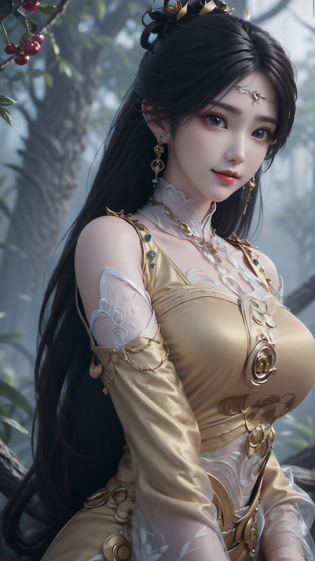 1girl, solo, black hair, earrings, jewelry, hair ornament, long hair, dress, chinese clothes, realistic, mischevious smile, perfect body, scenery, sharp focus, best quality, masterpiece, detailed outfit, illustration, perfect eyes, finely detailed beautiful anime eyes, realistic skin, intricate details, best lighting, depth of field, ultra high resolution,cowboy_shot, dynamic pose, dynamic angle,