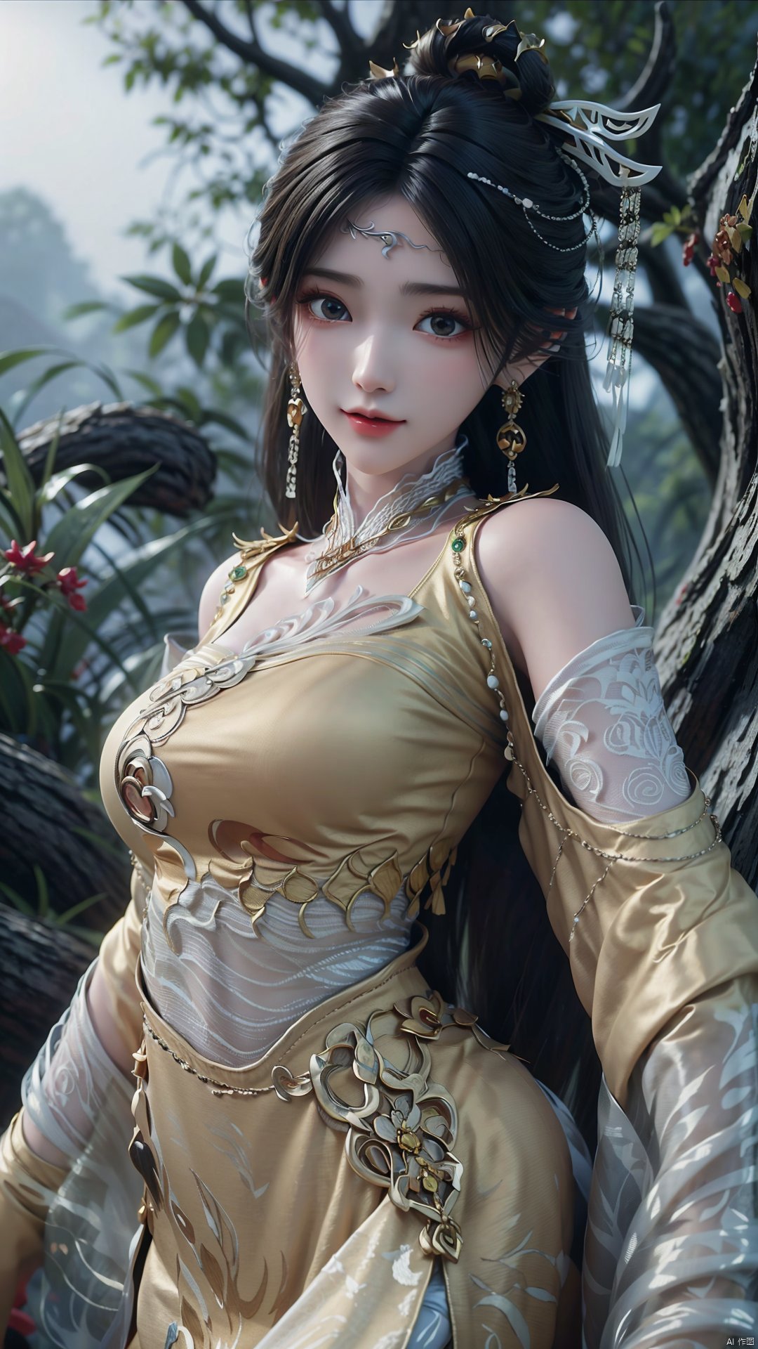 1girl, solo, black hair, earrings, jewelry, hair ornament, long hair, dress, chinese clothes, realistic, mischevious smile, perfect body, scenery, sharp focus, best quality, masterpiece, detailed outfit, illustration, perfect eyes, finely detailed beautiful anime eyes, realistic skin, intricate details, best lighting, depth of field, ultra high resolution,cowboy_shot, dynamic pose, dynamic angle,