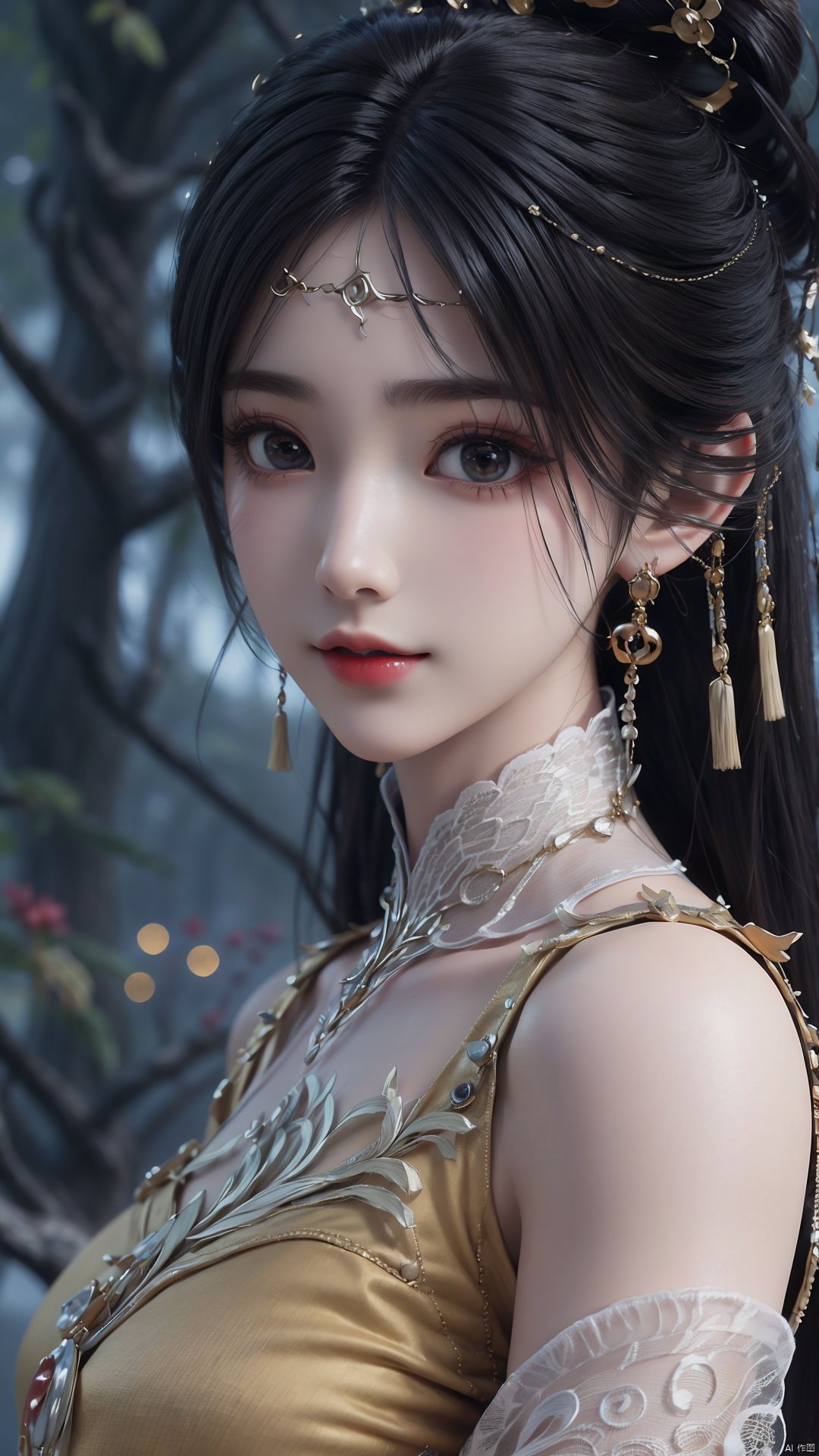 1girl, solo, black hair, earrings, jewelry, hair ornament, long hair, dress, chinese clothes, realistic, mischevious smile, perfect body, scenery, sharp focus, best quality, masterpiece, detailed outfit, illustration, perfect eyes, finely detailed beautiful anime eyes, realistic skin, intricate details, best lighting, depth of field, ultra high resolution,cowboy_shot, dynamic pose, dynamic angle,