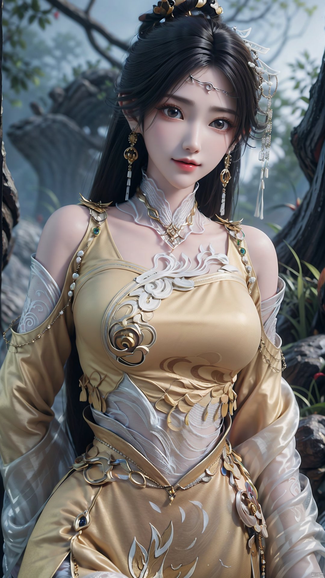 1girl, solo, black hair, earrings, jewelry, hair ornament, long hair, dress, chinese clothes, realistic, mischevious smile, perfect body, scenery, sharp focus, best quality, masterpiece, detailed outfit, illustration, perfect eyes, finely detailed beautiful anime eyes, realistic skin, intricate details, best lighting, depth of field, ultra high resolution,cowboy_shot, dynamic pose, dynamic angle,