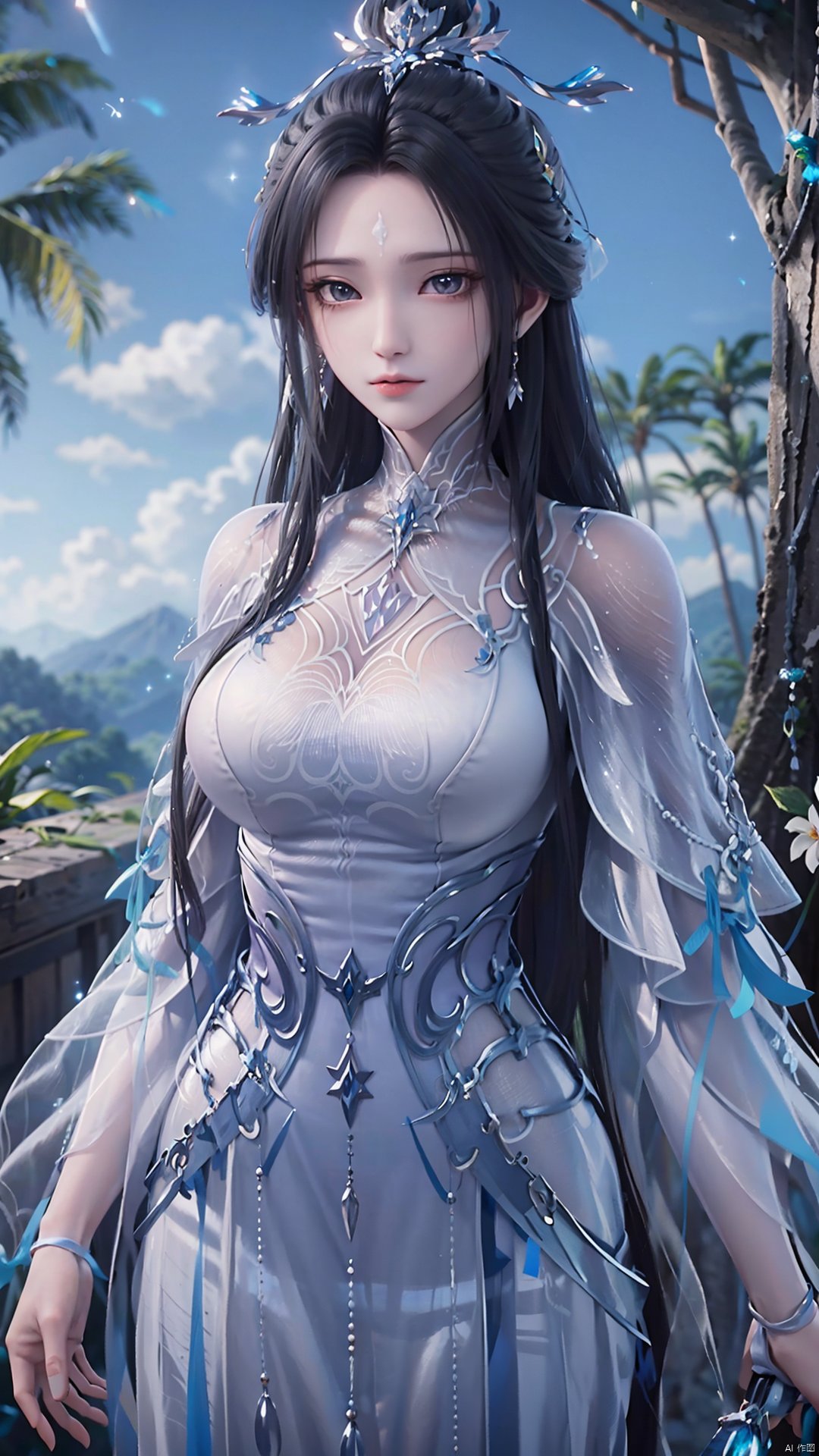 1girl, black hair, long hair, dress, solo, white dress, hair ornament, chinese clothes, facial mark, hair bun, forehead mark, earrings, mischevious smile, perfect body, scenery, sharp focus, best quality, masterpiece, detailed outfit, illustration, perfect eyes, finely detailed beautiful anime eyes, realistic skin, intricate details, best lighting, depth of field, ultra high resolution,cowboy_shot, dynamic pose, dynamic angle,