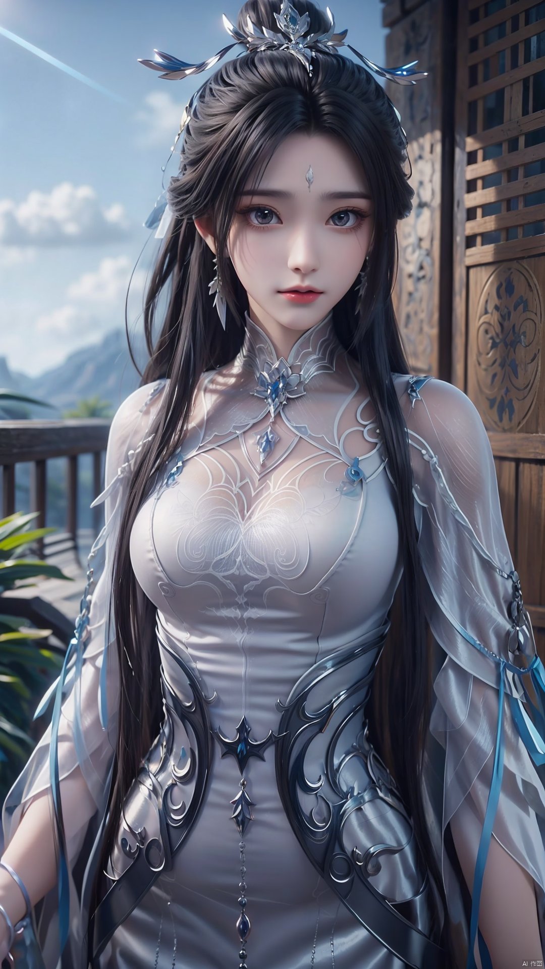 1girl, black hair, long hair, dress, solo, white dress, hair ornament, chinese clothes, facial mark, hair bun, forehead mark, earrings, mischevious smile, perfect body, scenery, sharp focus, best quality, masterpiece, detailed outfit, illustration, perfect eyes, finely detailed beautiful anime eyes, realistic skin, intricate details, best lighting, depth of field, ultra high resolution,cowboy_shot, dynamic pose, dynamic angle,