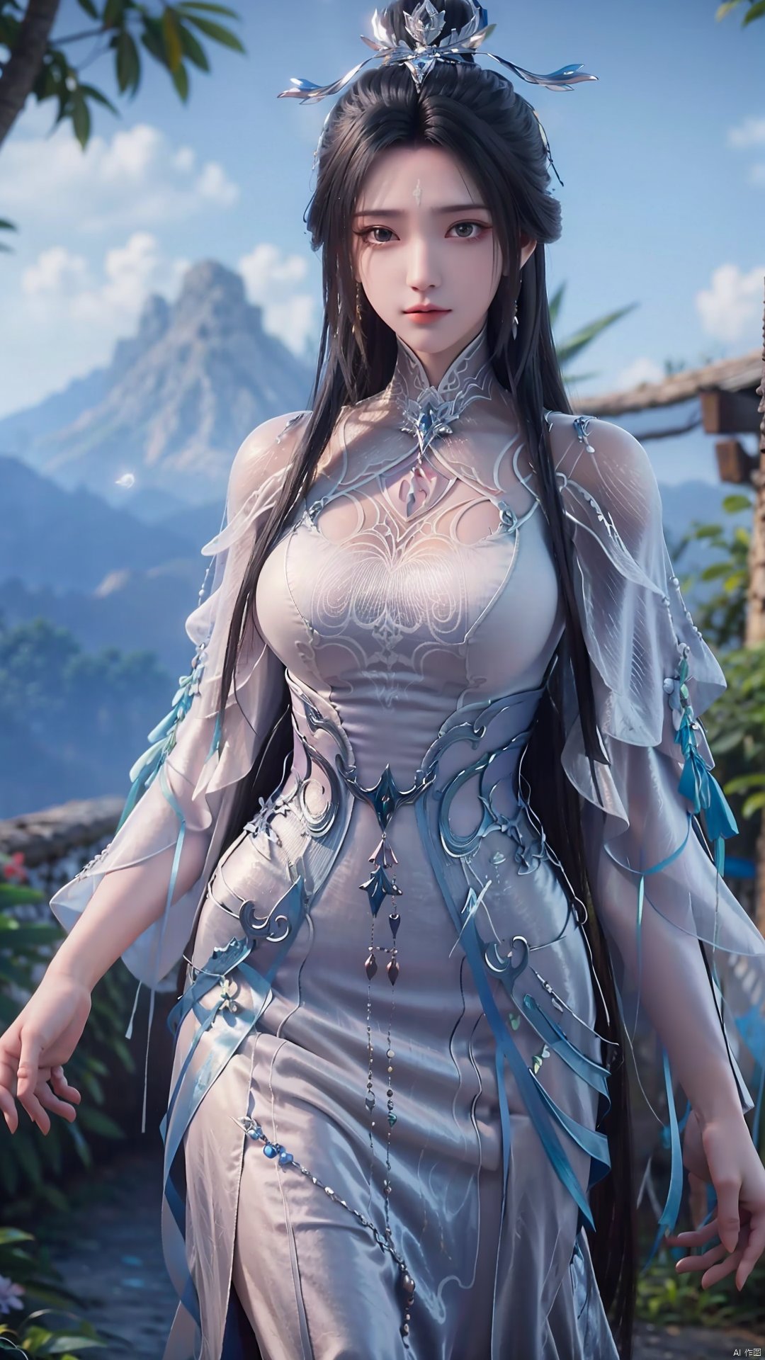 1girl, black hair, long hair, dress, solo, white dress, hair ornament, chinese clothes, facial mark, hair bun, forehead mark, earrings, mischevious smile, perfect body, scenery, sharp focus, best quality, masterpiece, detailed outfit, illustration, perfect eyes, finely detailed beautiful anime eyes, realistic skin, intricate details, best lighting, depth of field, ultra high resolution,cowboy_shot, dynamic pose, dynamic angle,