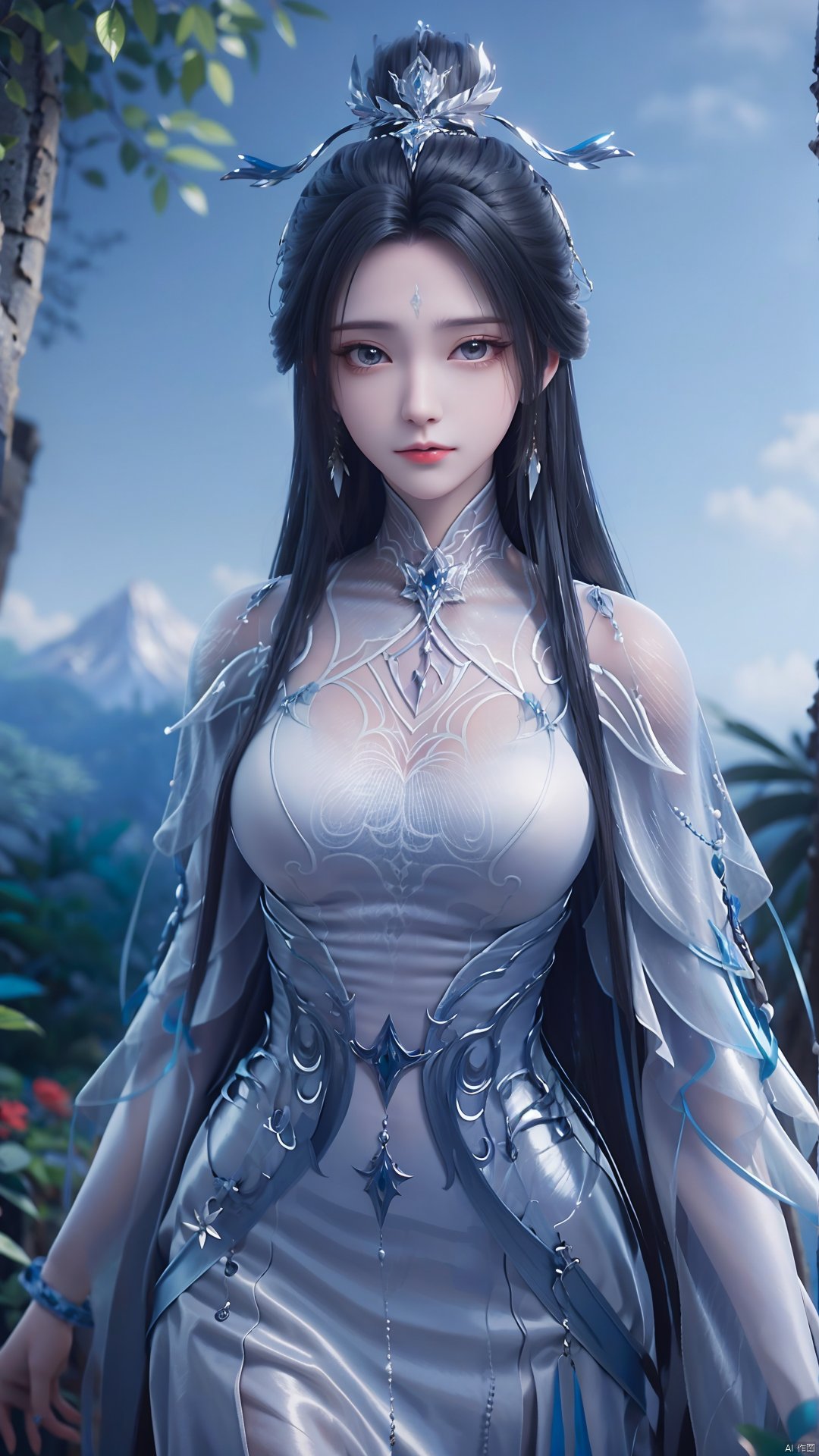 1girl, black hair, long hair, dress, solo, white dress, hair ornament, chinese clothes, facial mark, hair bun, forehead mark, earrings, mischevious smile, perfect body, scenery, sharp focus, best quality, masterpiece, detailed outfit, illustration, perfect eyes, finely detailed beautiful anime eyes, realistic skin, intricate details, best lighting, depth of field, ultra high resolution,cowboy_shot, dynamic pose, dynamic angle,