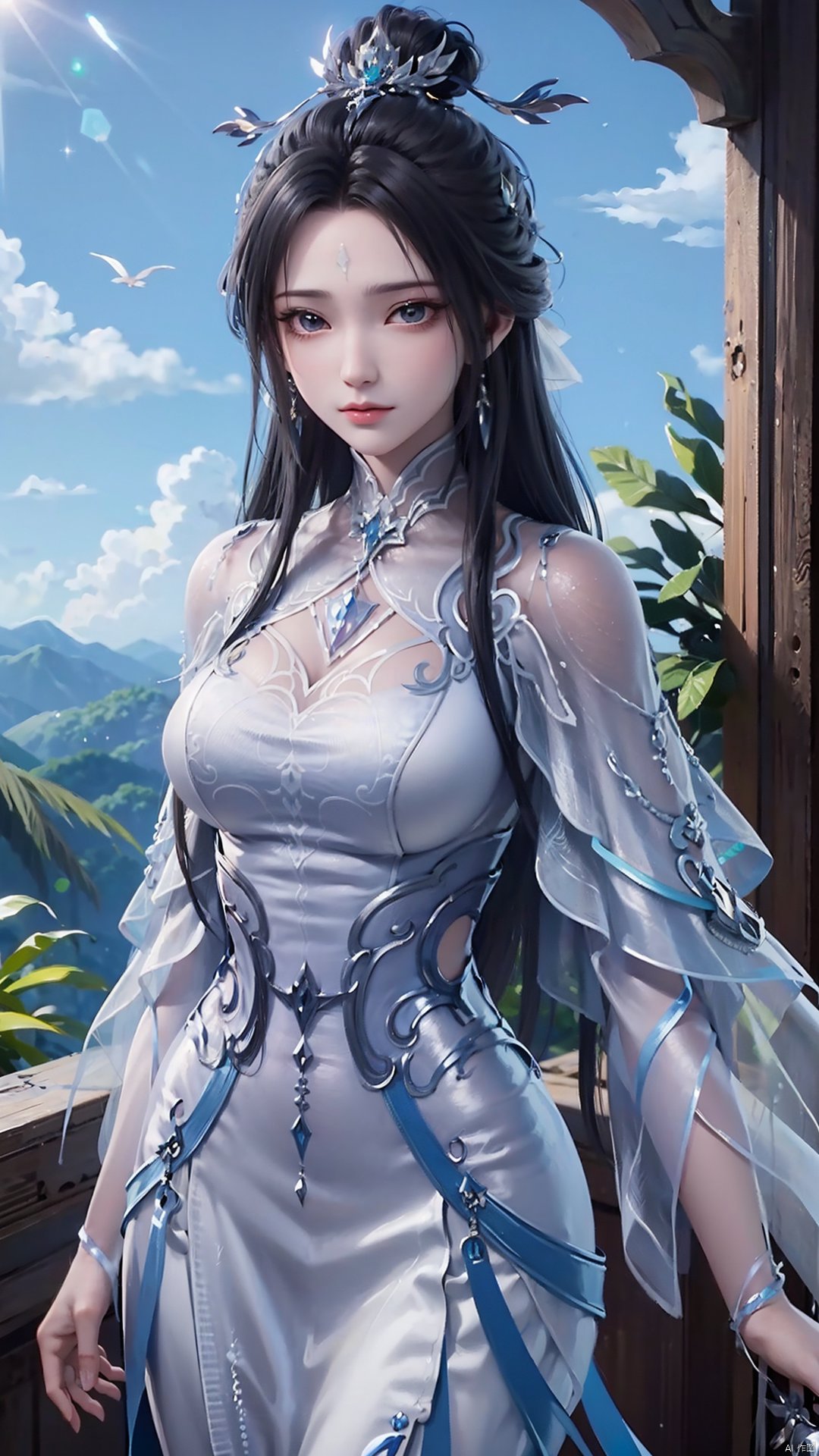 1girl, black hair, long hair, dress, solo, white dress, hair ornament, chinese clothes, facial mark, hair bun, forehead mark, earrings, mischevious smile, perfect body, scenery, sharp focus, best quality, masterpiece, detailed outfit, illustration, perfect eyes, finely detailed beautiful anime eyes, realistic skin, intricate details, best lighting, depth of field, ultra high resolution,cowboy_shot, dynamic pose, dynamic angle,