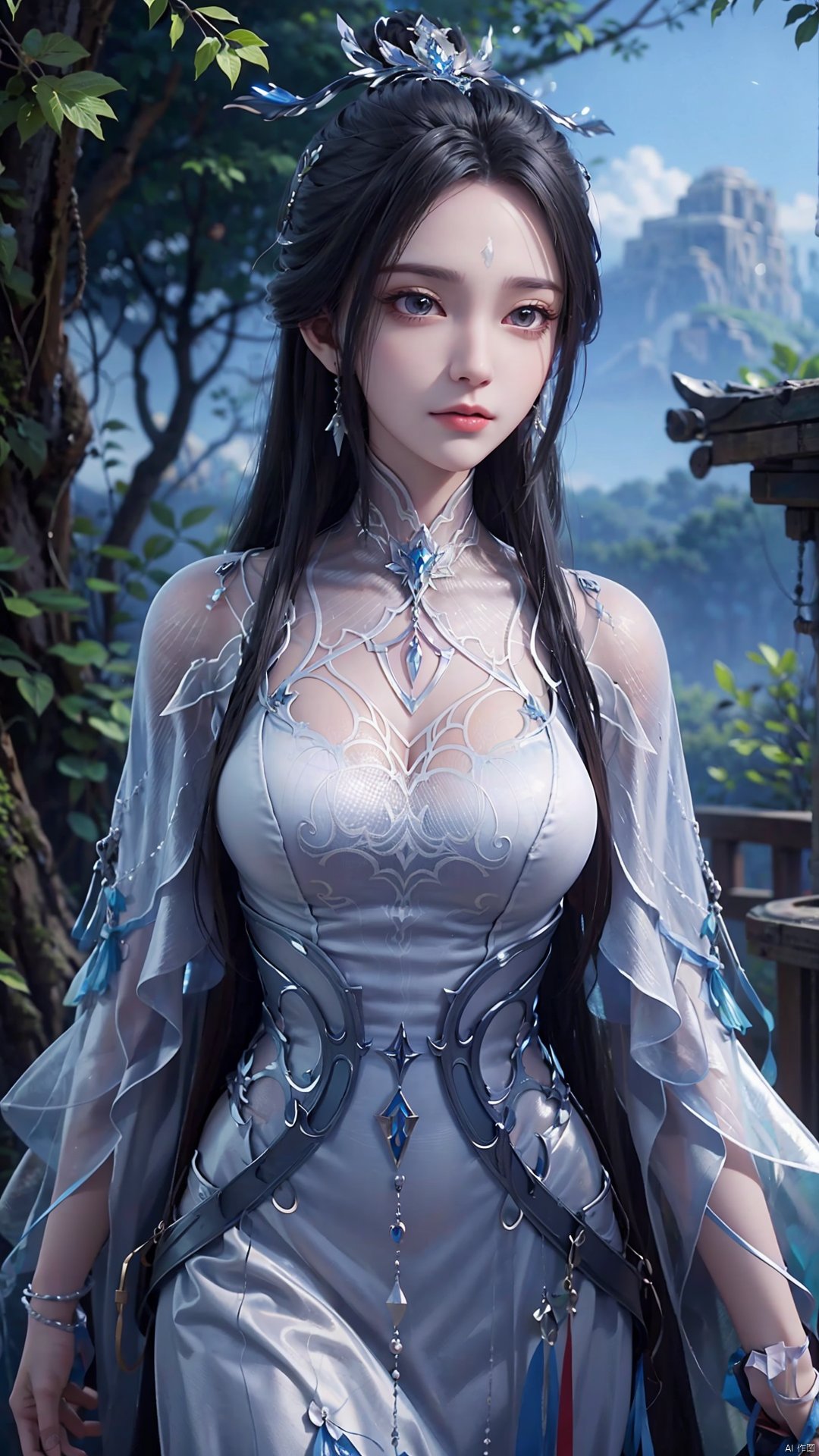 1girl, black hair, long hair, dress, solo, white dress, hair ornament, chinese clothes, facial mark, hair bun, forehead mark, earrings, mischevious smile, perfect body, scenery, sharp focus, best quality, masterpiece, detailed outfit, illustration, perfect eyes, finely detailed beautiful anime eyes, realistic skin, intricate details, best lighting, depth of field, ultra high resolution,cowboy_shot, dynamic pose, dynamic angle,